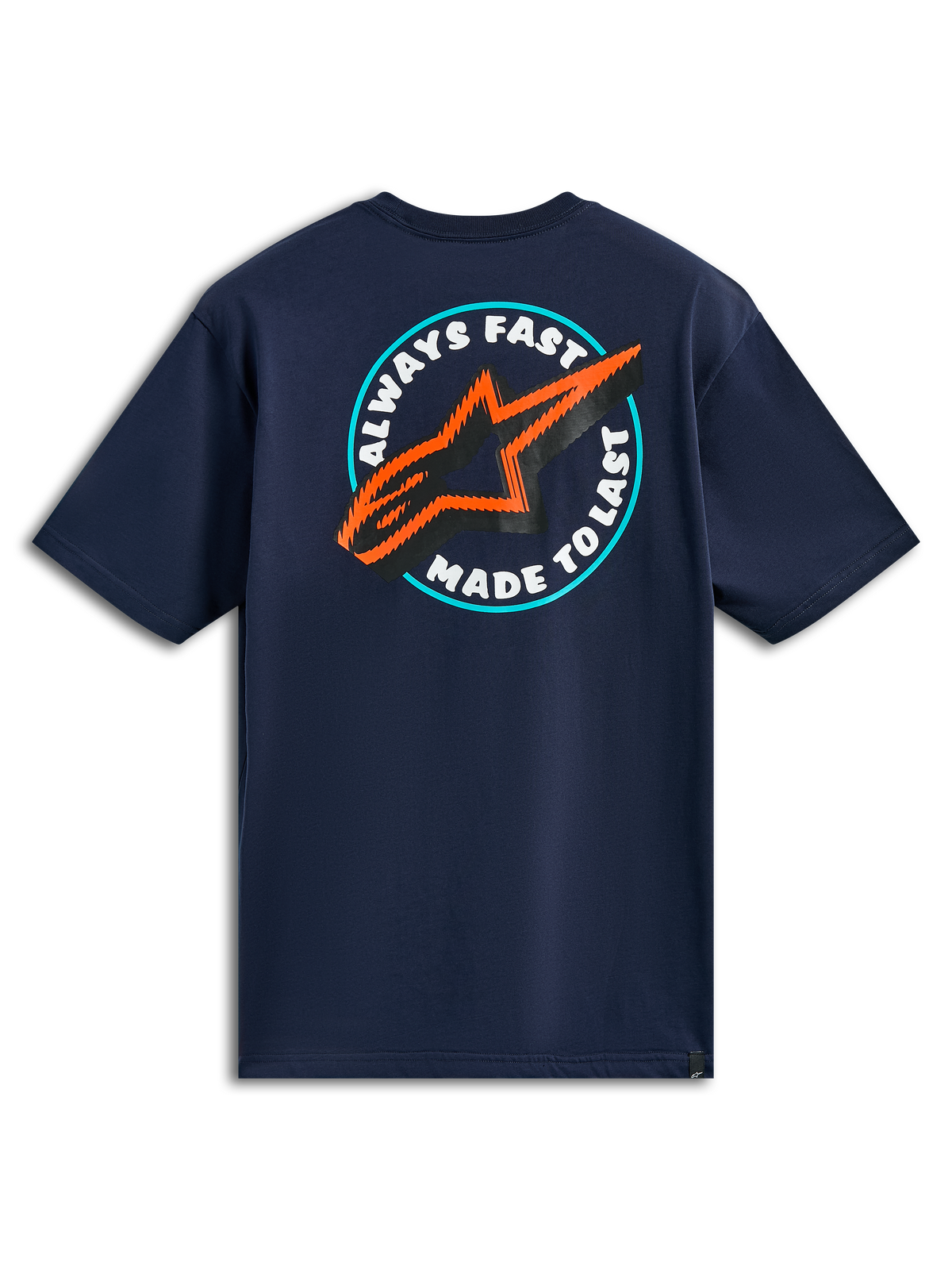 Alpinestars Aorbit CSF Tee, T-shirt met korte mouwen, marineblauw, achteraanzicht met cirkelvormige Always Fast Made to Last-graphic met oranje en zwart sterlogo, casual motorsport streetwear