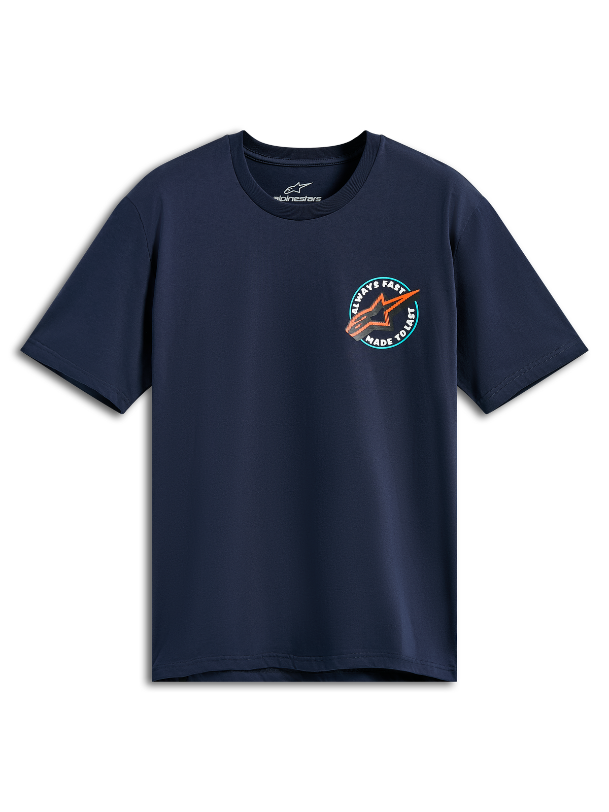 Alpinestars Aorbit CSF Tee, T-shirt met korte mouwen, donkerblauw, ronde grafische print op de borst met oranje Astars-logo en 'Always Fast Made to Last' tekst, casual motorsportkleding