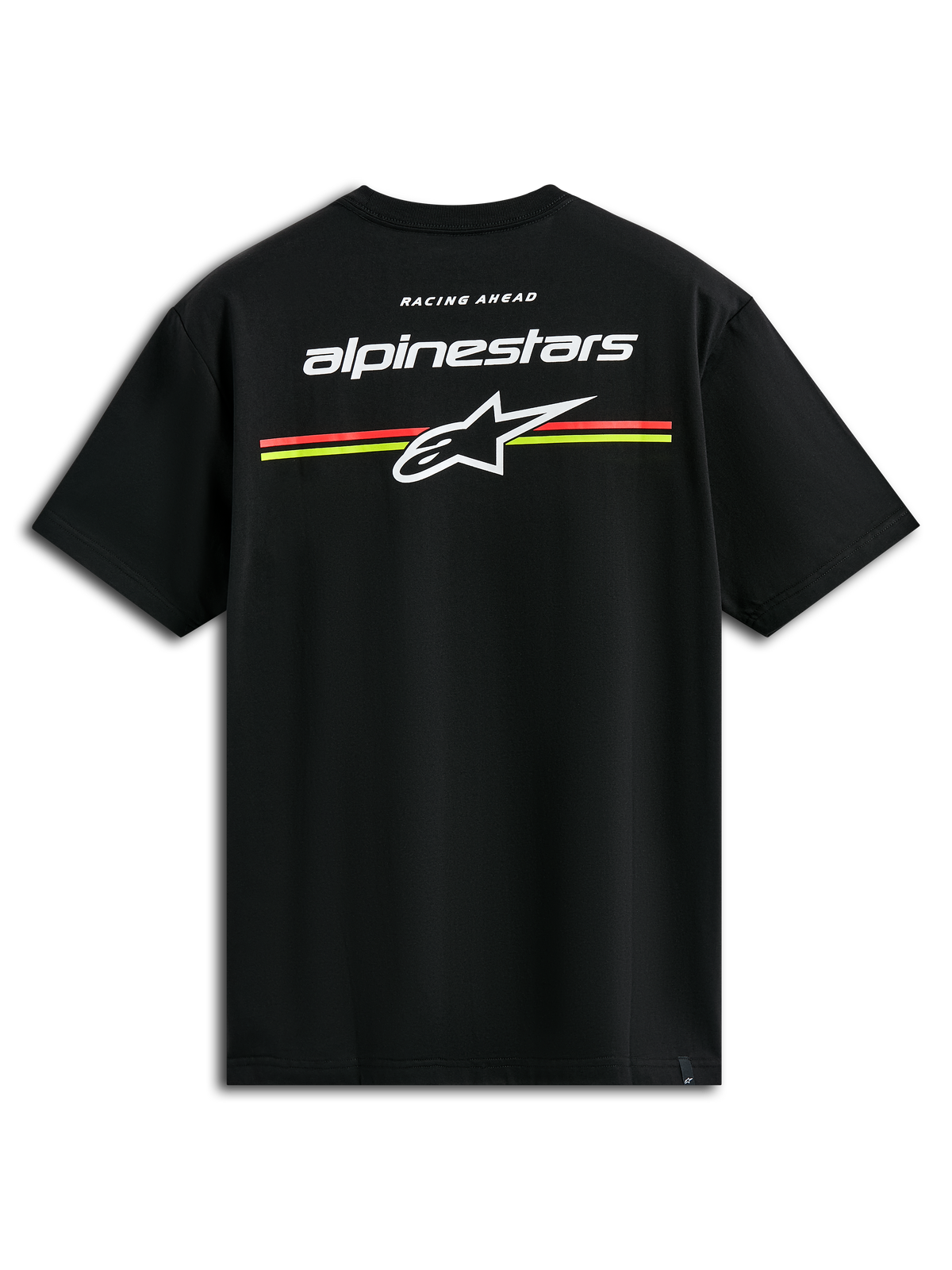 Alpinestars Lanes CSF Tee, kurzärmeliges T-Shirt, Schwarz, weiße Alpinestars und Astars Logos mit orangefarbenen und gelben horizontalen Streifen auf der Rückseite, lässige Motorsport-Streetwear
