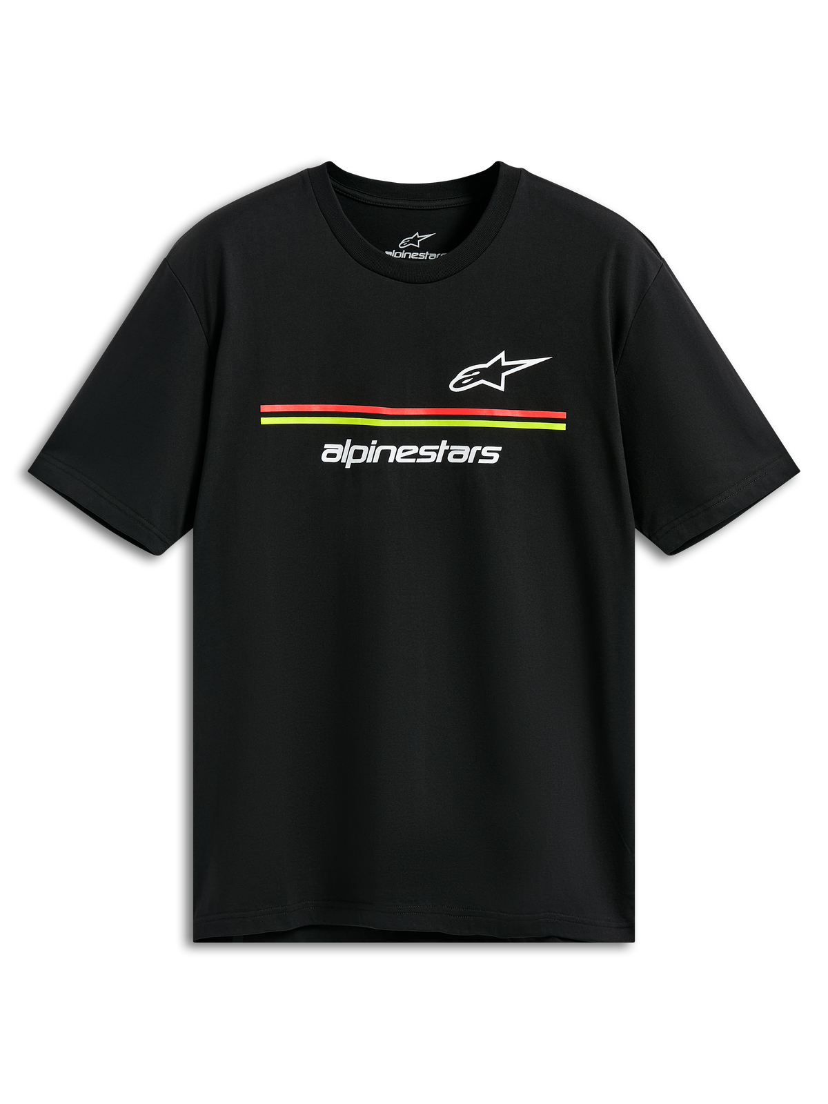 Alpinestars Lanes CSF Tee, Kurzarm-T-Shirt, Schwarz, weiße Astars- und Alpinestars-Logos mit roten und gelben Streifen, lässige Motorsport-Streetwear