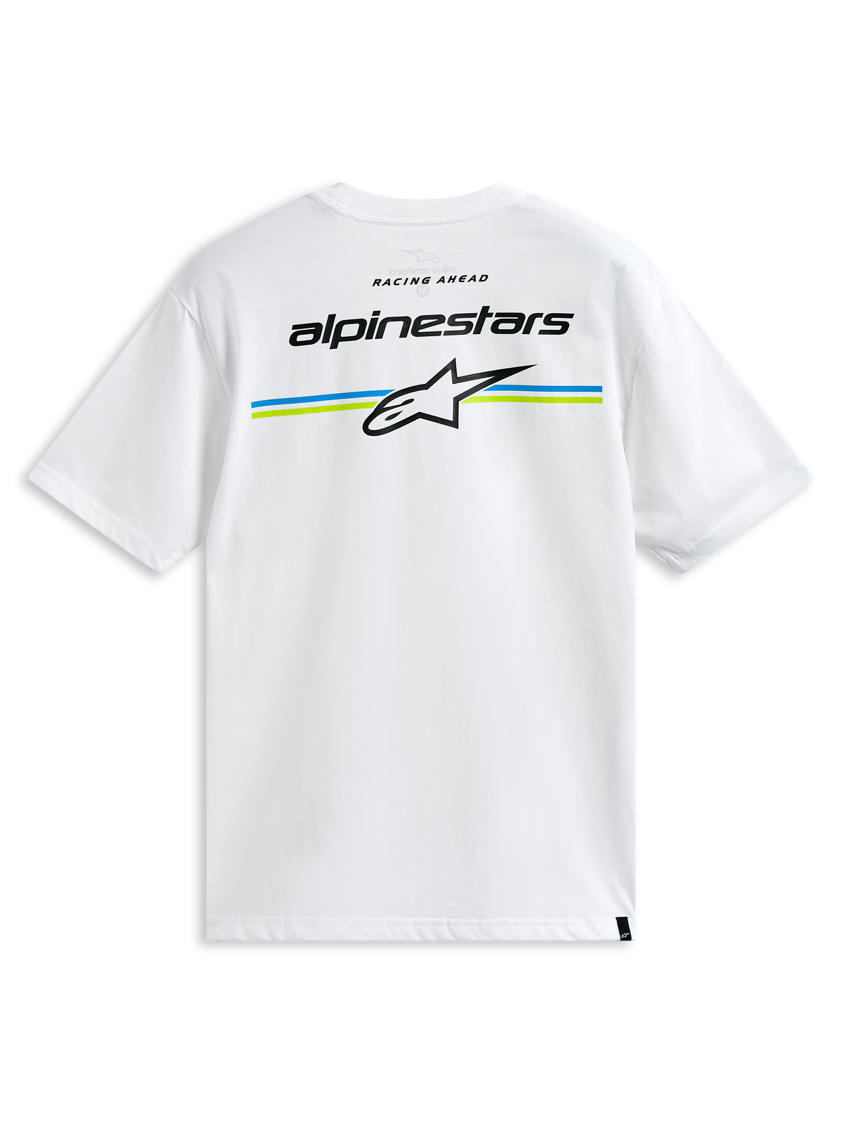 T-shirt Alpinestars Lanes CSF, t-shirt à manches courtes, blanc, avec le marquage Alpinestars et le logo Astars sur des rayures bleues et vert citron à l'arrière, style streetwear décontracté