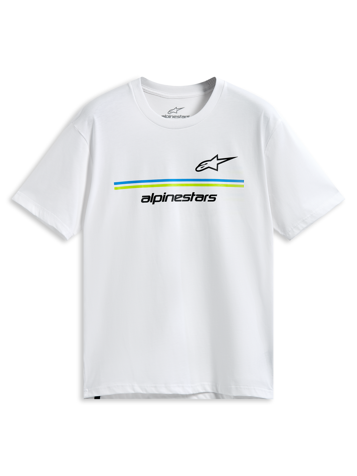 T-shirt Alpinestars Lanes CSF, t-shirt à manches courtes, blanc, logos Astars et Alpinestars noirs avec rayures horizontales bleues et vert citron, vêtement sportswear décontracté motorsport