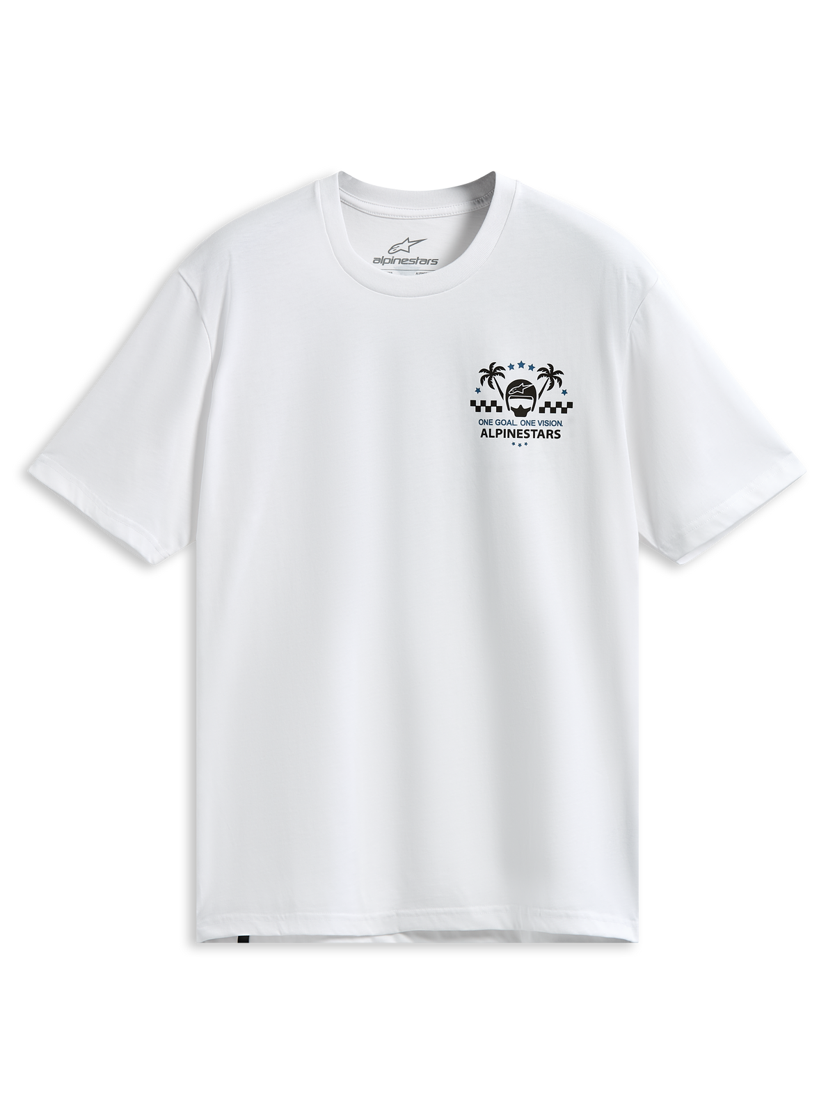 Alpinestars Order CSF Tee, wit T-shirt met korte mouwen, borstprint met palmbomen en een racehelm, tekst "One Goal One Vision", casual motorsport sportkleding