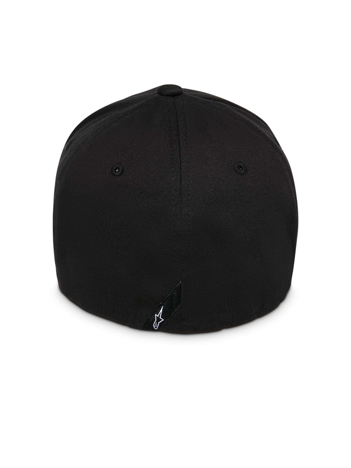 Alpinestars Instinct Hat, Black, back view showing structured crown and flex-back design, featuring a small black label with white Astars logo, durable twill fabric, casual motorsport-inspired headwear