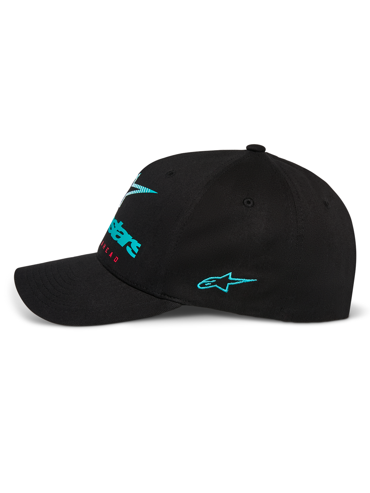 Alpinestars Instinct Hat, side profile of black baseball cap, featuring a teal embroidered Astars logo on the side and gradient front branding, curved bill with structured crown, casual motorsport streetwear