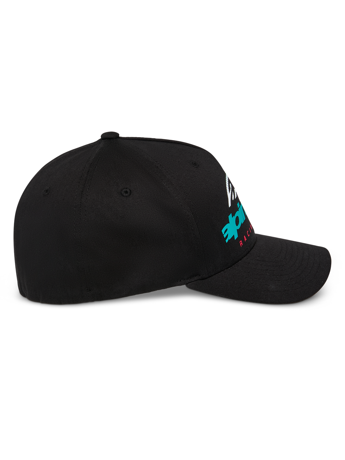 Alpinestars Instinct Hat, structured baseball cap, Black, side profile featuring curved bill and gradient Astars logo print, casual motorsport streetwear