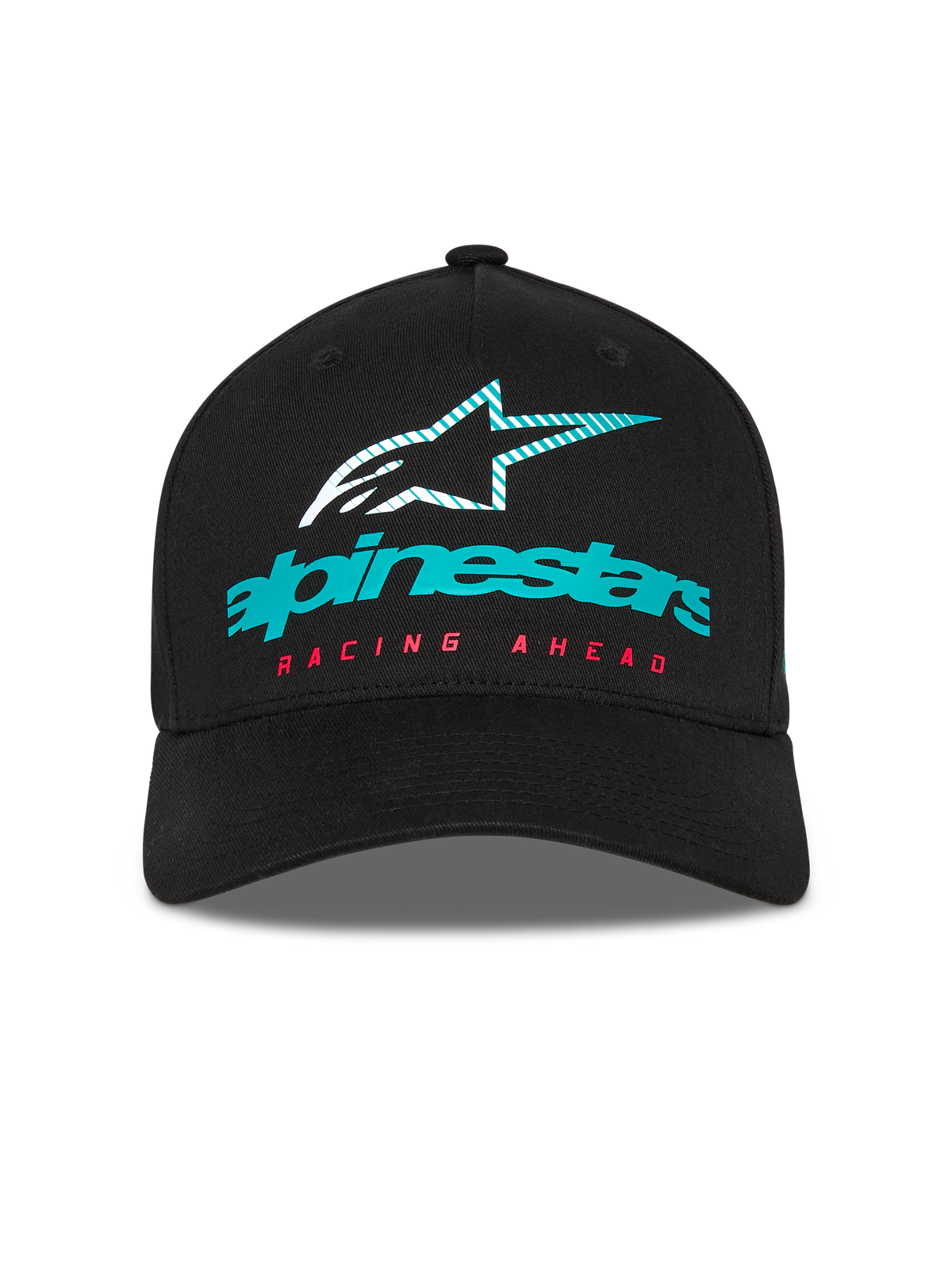Alpinestars Instinct Hat, structured baseball cap, Black, featuring a teal Alpinestars logo with a striped star icon and red 'RACING AHEAD' text, curved bill, casual motorsport streetwear