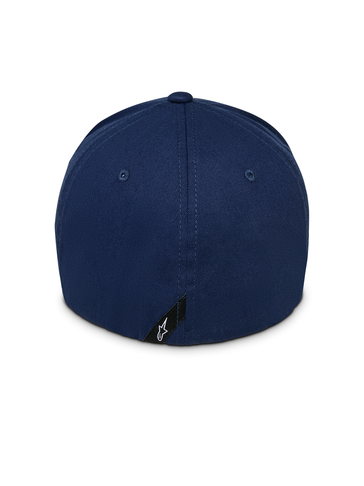 Alpinestars Instinct Kappe, marineblaue Baseballkappe, Rückansicht mit strukturierter Krone und Flex-Rückseite, kleines schwarzes Etikett mit weißem Astars-Stern-Logo am unteren Rand
