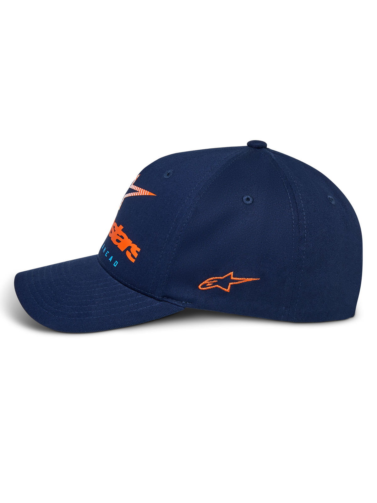 Alpinestars Instinct Kappe, dunkelblaue Sportswear-Kappe, Seitenansicht mit gebogenem Schirm, orangefarbenes gesticktes Seitenlogo, Frontlogo mit orangefarbenem HD-Druck mit Farbverlauf, strukturierte Krone aus Twill-Gewebe