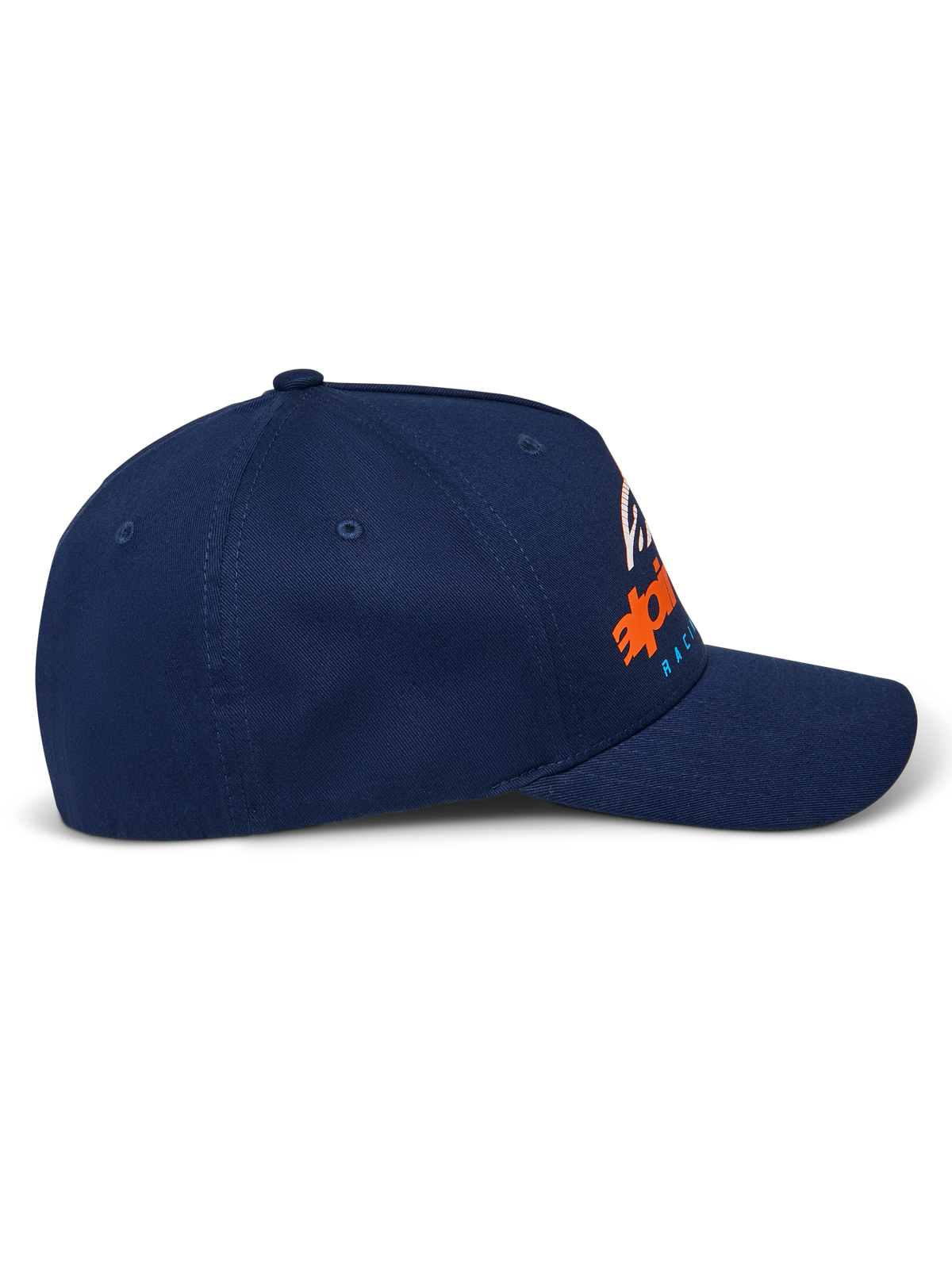 Alpinestars Instinct Kappe, Navy, gebogener Schirm mit strukturierter Krone, Seitenansicht mit orange-blauem Logo-Druck mit Farbverlauf, lässige Sportbekleidung
