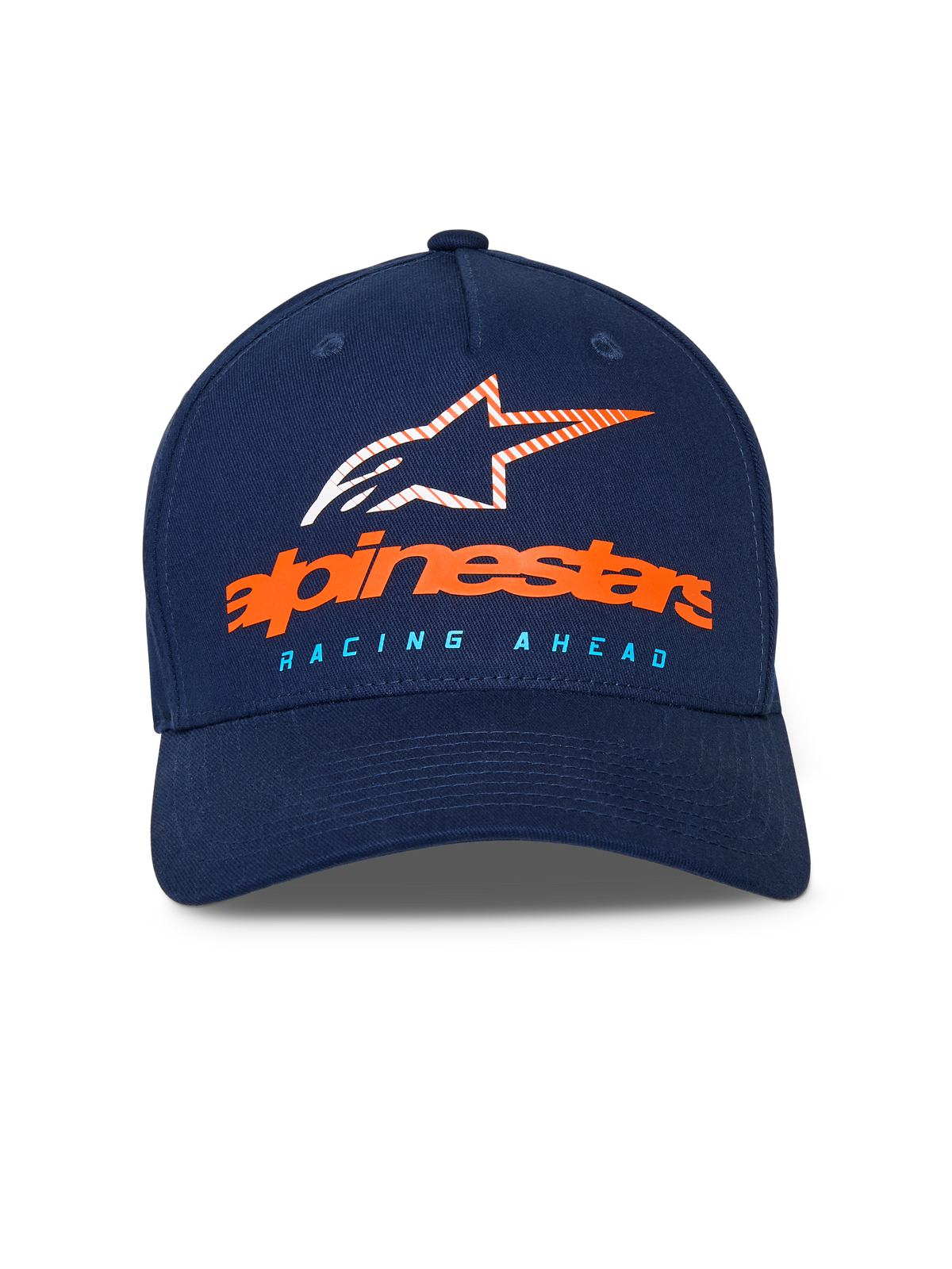 Alpinestars Instinct Kappe, marineblaue Baseballkappe, gebogener Schirm mit strukturierter Krone, vorne orangefarbener Alpinestars-Schriftzug und gestreiftes Stern-Logo, hellblauer „RACING AHEAD“-Schriftzug, lässige Sportbekleidung
