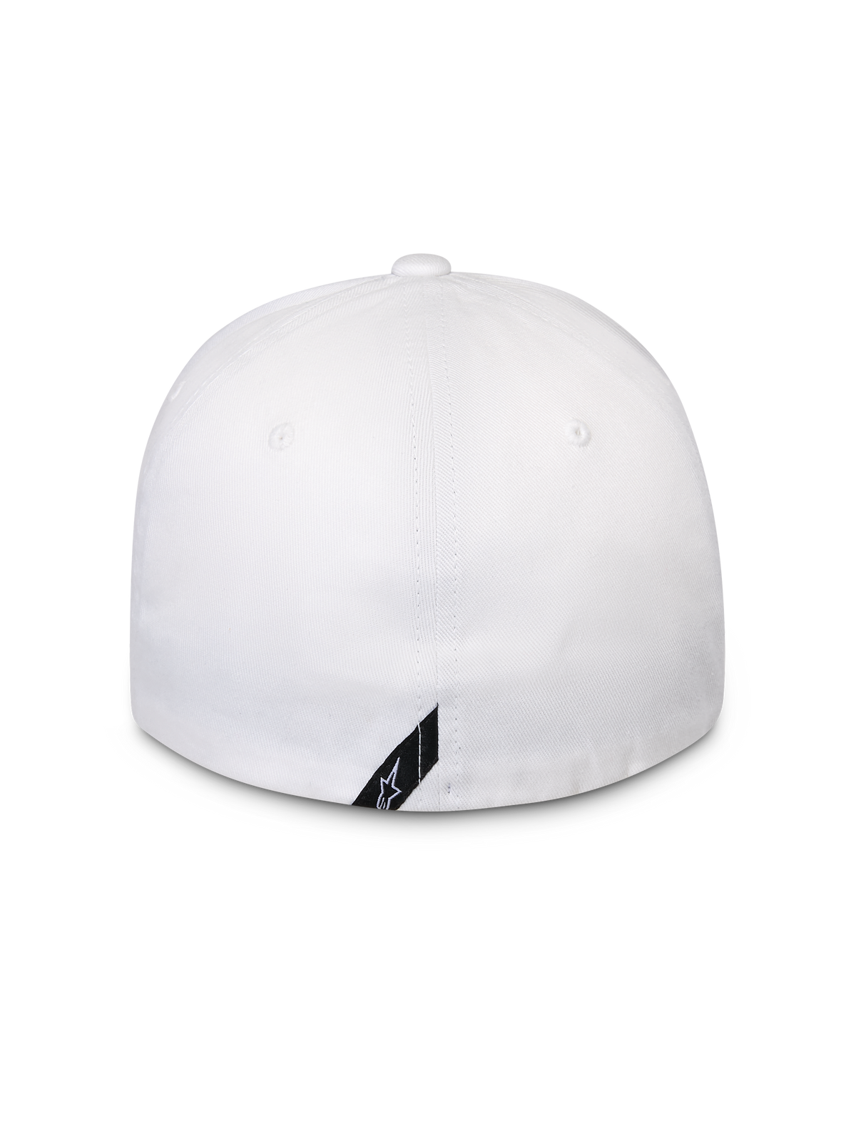 Alpinestars Surpass Kappe, Weiß, Rückansicht einer Flex-Back Baseballkappe, strukturierte Krone, mit einem kleinen schwarzen diagonalen Alpinestars-Logo-Etikett am unteren Rand, lässige Sportbekleidung