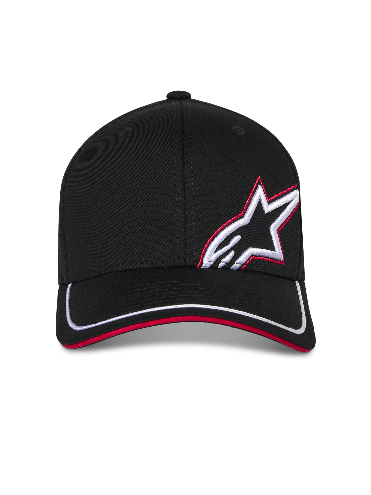 Alpinestars Corp Shift Relay pet, zwarte baseballcap, gebogen klep met witte bies en rode rand, 3D Astars-logo borduurwerk aan de voorzijde in wit en rood, casual op motorsport geïnspireerde sportkleding