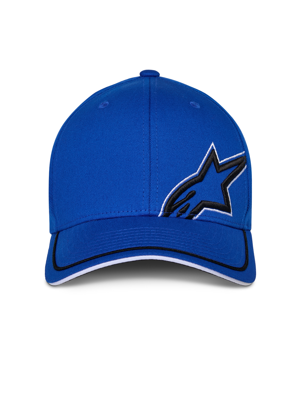 Alpinestars Corp Shift Relay pet, blauw, gestructureerde baseballcap met gebogen klep, voorzien van zwart 3D Astars-logoborduurwerk met witte omlijning, zwart-witte sandwich-afwerking op de klep, casual motorsport streetwear