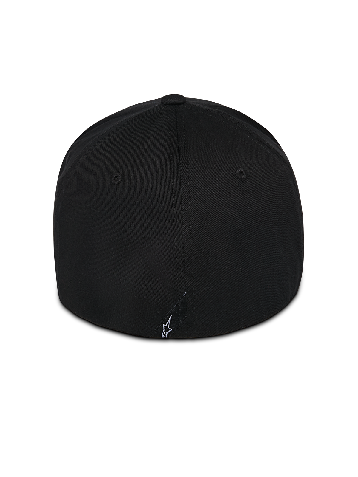 Alpinestars Pivot Kappe, schwarze Flex-Back-Kappe, Rückansicht mit einem kleinen weiß bestickten Astars-Logo, Twill-Konstruktion, lässige Motorsportbekleidung