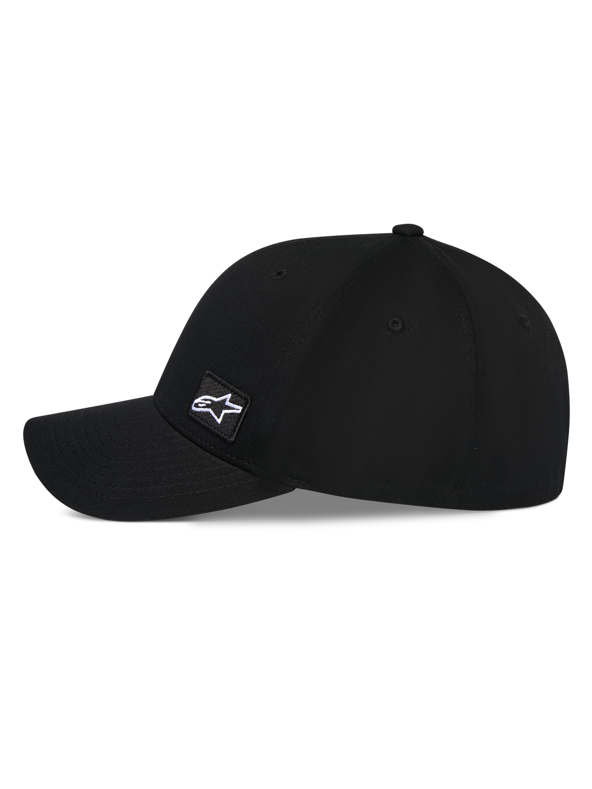 Alpinestars Pivot Kappe, Schwarze Baseballkappe, Seitenansicht mit gebogenem Schirm und strukturierter Krone, kleiner quadratischer gestickter Astars-Logo-Aufnäher an der Seite, lässige, vom Motorsport inspirierte Kopfbedeckung