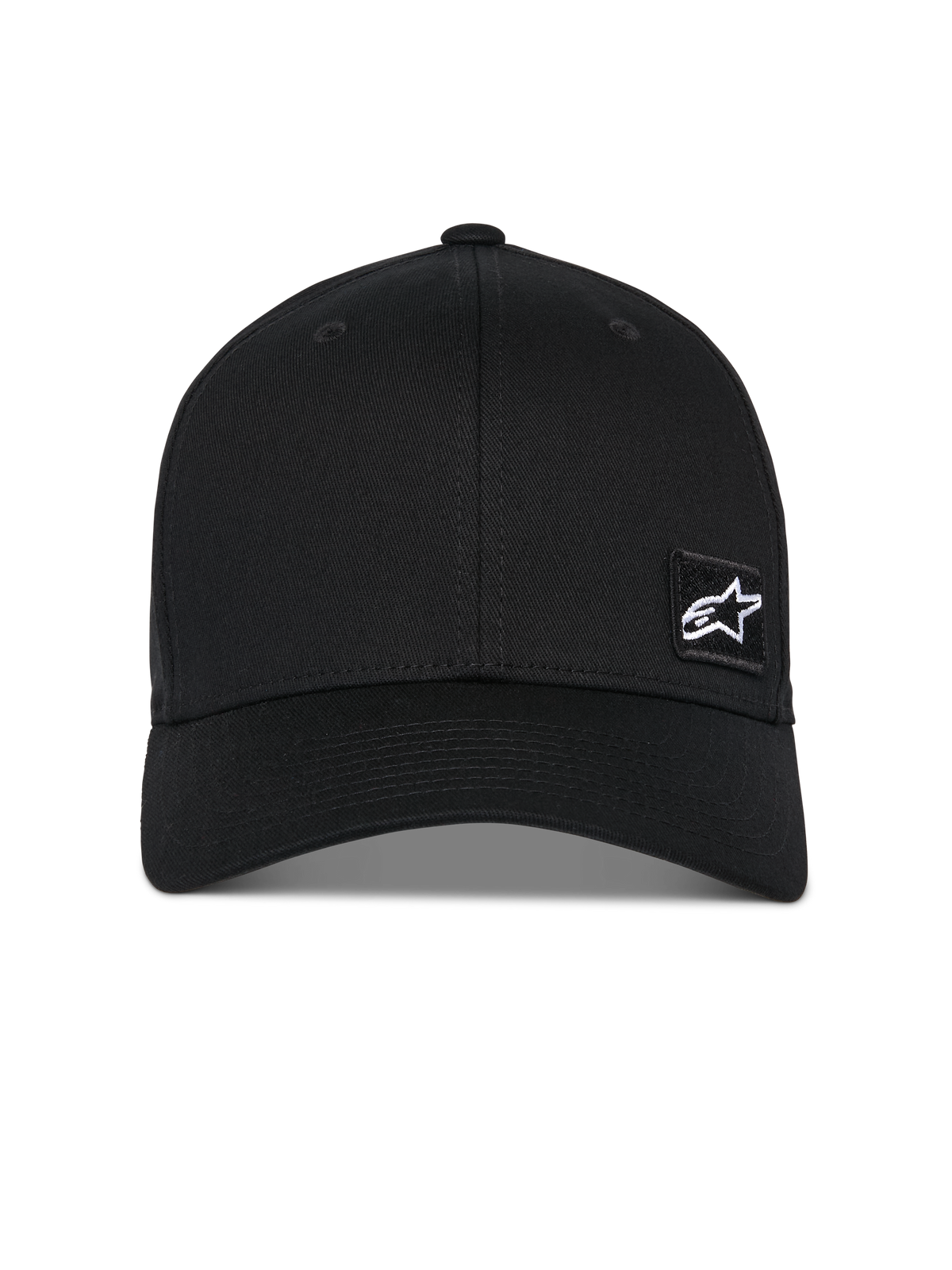 Alpinestars Pivot Kappe, schwarze Baseball-Cap, gebogener Schirm mit strukturierter Krone, kleines weißes Astars Stern-Logo auf einem schwarzen bestickten Aufnäher, lässige vom Motorsport inspirierte Sportbekleidung