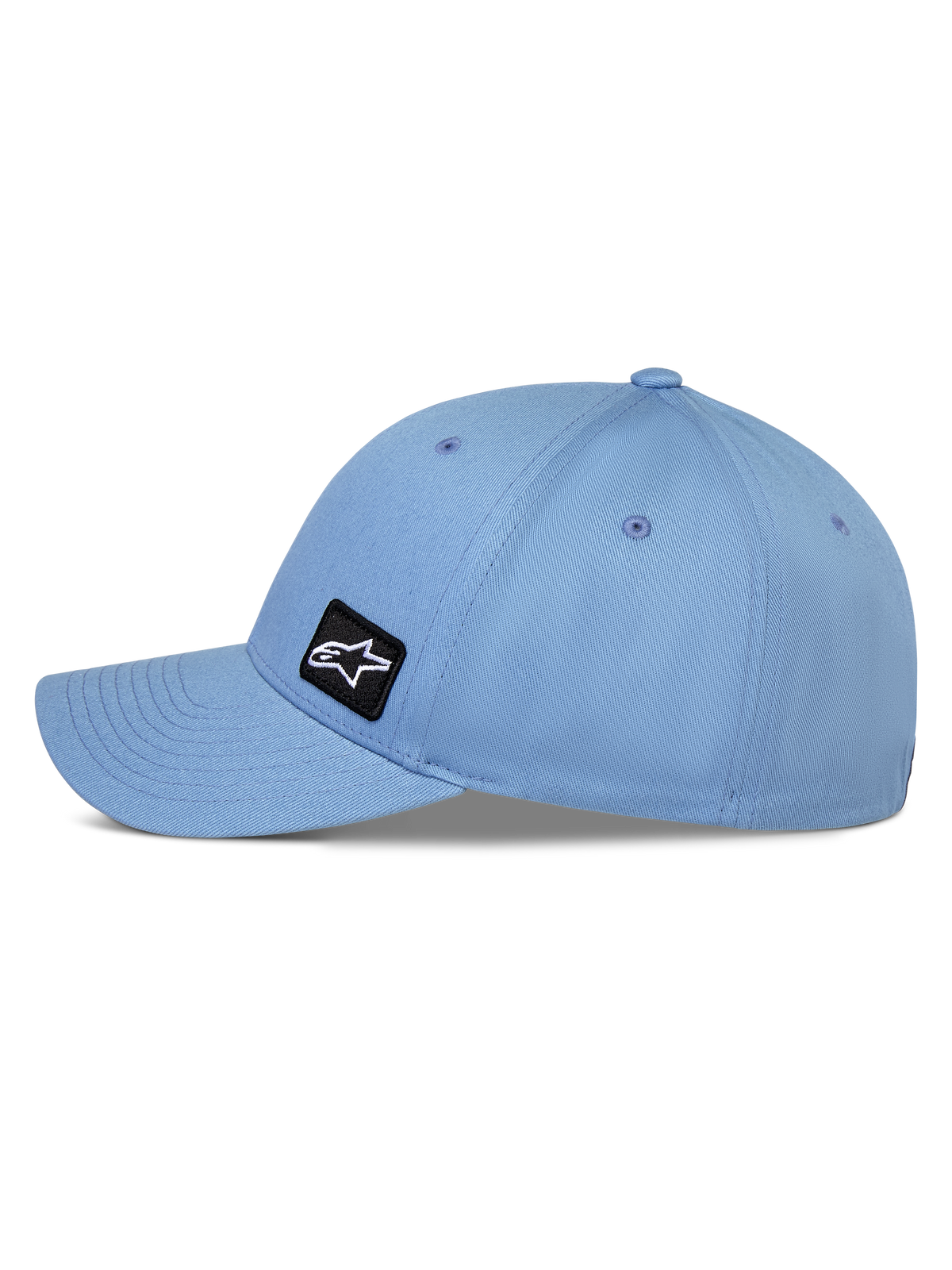 Alpinestars Pivot Cap, Blau, Baseball-Kappe mit gebogenem Schirm, Seitenansicht zeigt strukturierte Krone und Twill-Gewebe, kleiner schwarzer Astars-Logo-Stickaufnäher, lässige motorsport-inspirierte Sportbekleidung