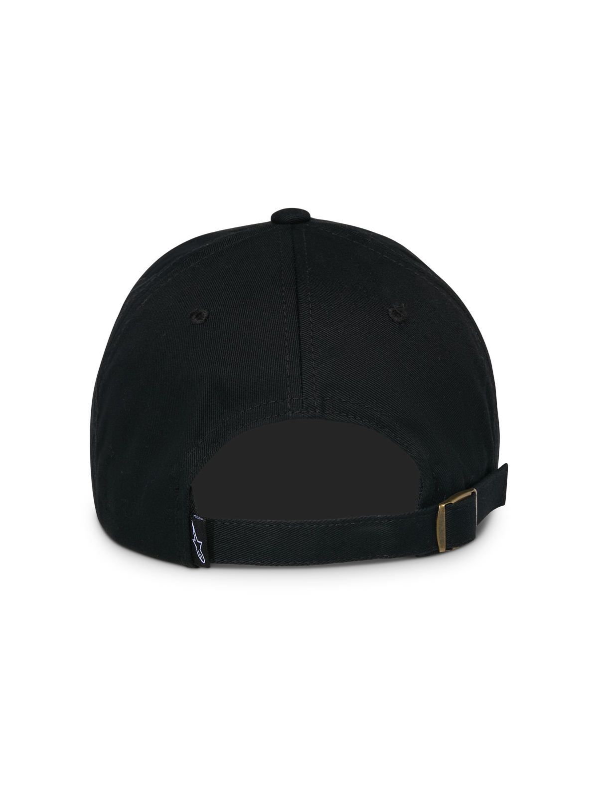 Casquette Alpinestars Calipalm Strapback, noire, vue arrière présentant une fermeture réglable par sangle avec boucle métallique, petite étiquette logo tissée et construction en sergé de coton non structurée
