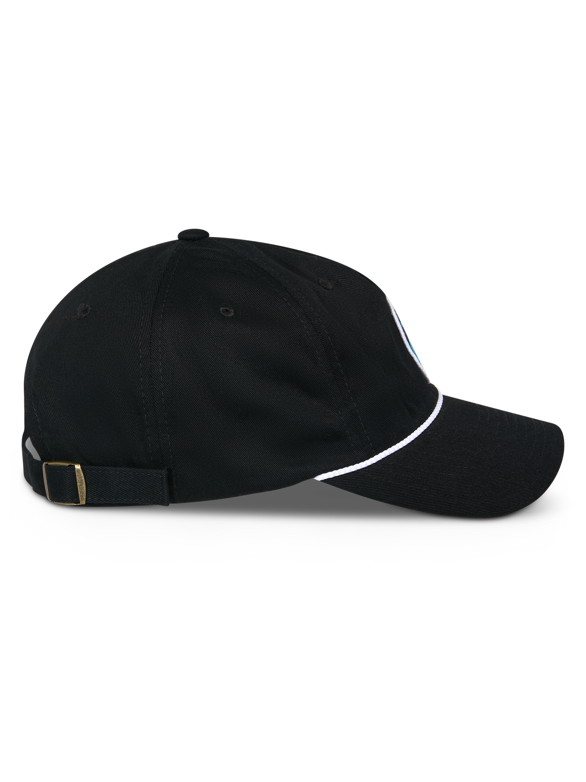 Casquette Alpinestars Calipalm Strapback, vue de profil, noir, visière courbée avec détail de cordon blanc, sangle arrière réglable avec boucle en laiton, sergé 100 % coton, accessoire décontracté inspiré du sport automobile