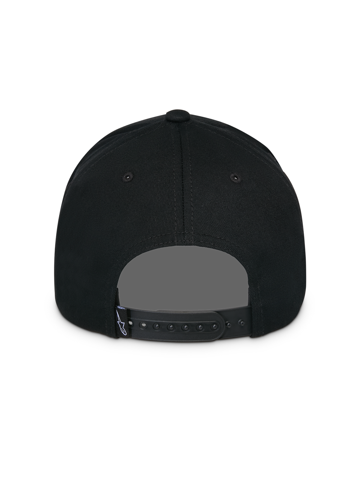 Casquette Snapback Lucid Alpinestars, noire, vue arrière, avec fermeture snapback réglable et petite étiquette logo Astars, couronne structurée, couvre-chef décontracté inspiré du sport automobile