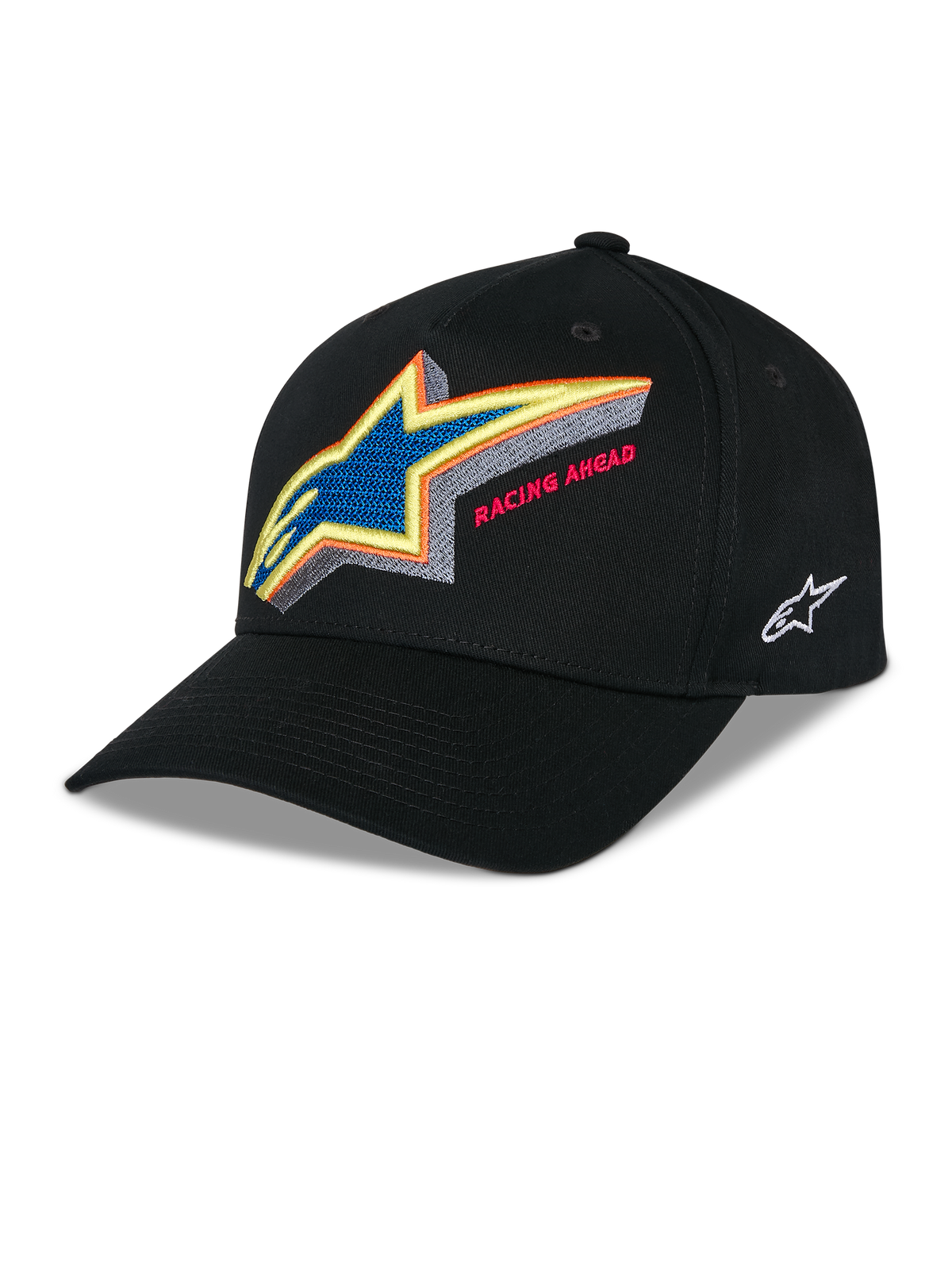 Casquette Snapback Lucid Alpinestars, casquette de baseball noire structurée, logo Astars brodé multicolore éclatant avec le texte « Racing Ahead » sur le devant, visière incurvée, logo blanc brodé sur le côté, accessoire de style sport mécanique décontracté