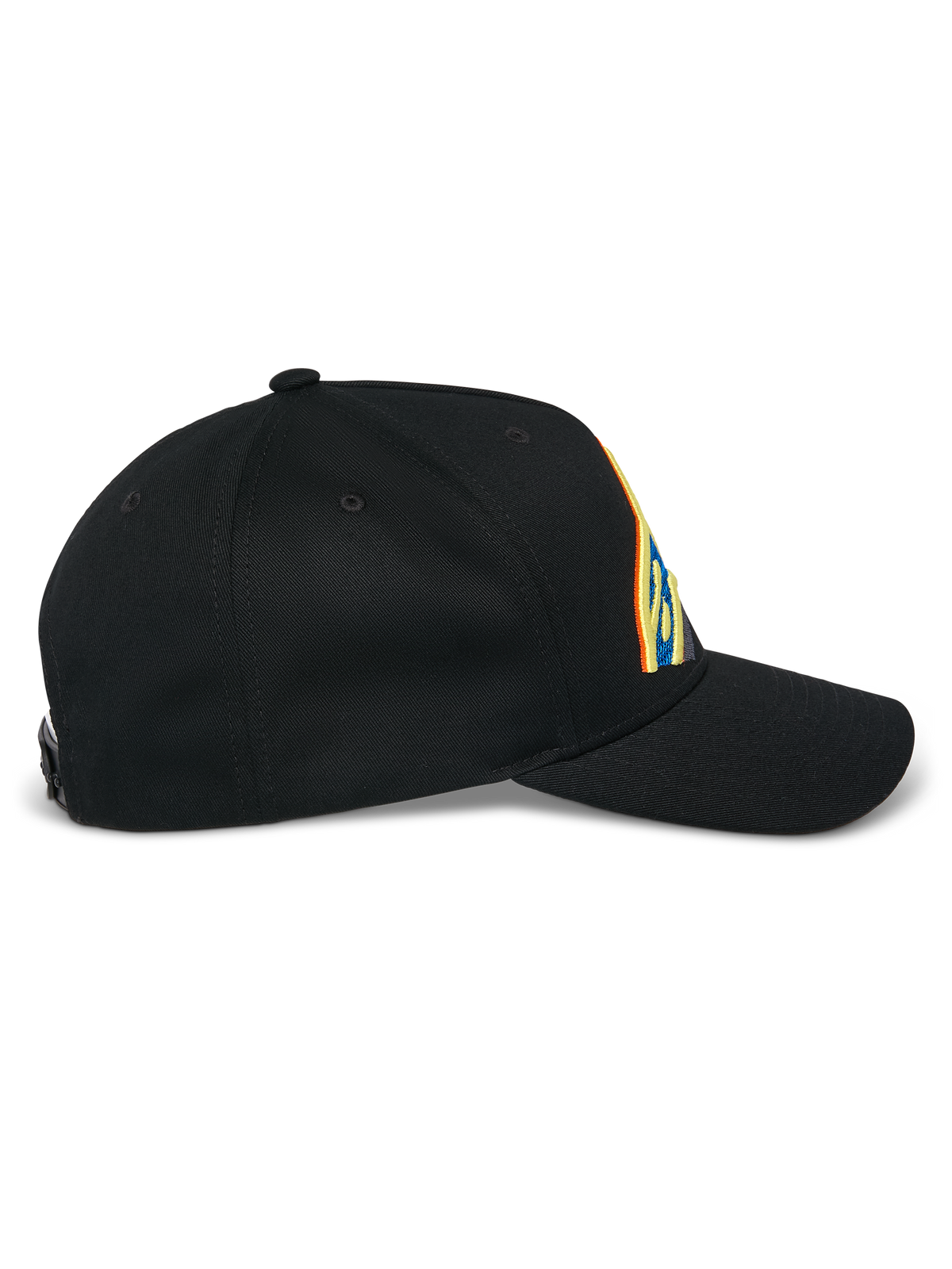 Casquette Snapback Lucid Alpinestars, noire, vue de profil, visière incurvée avec couronne structurée, broderie du logo multicolore éclatante, tissu en sergé 100 % coton