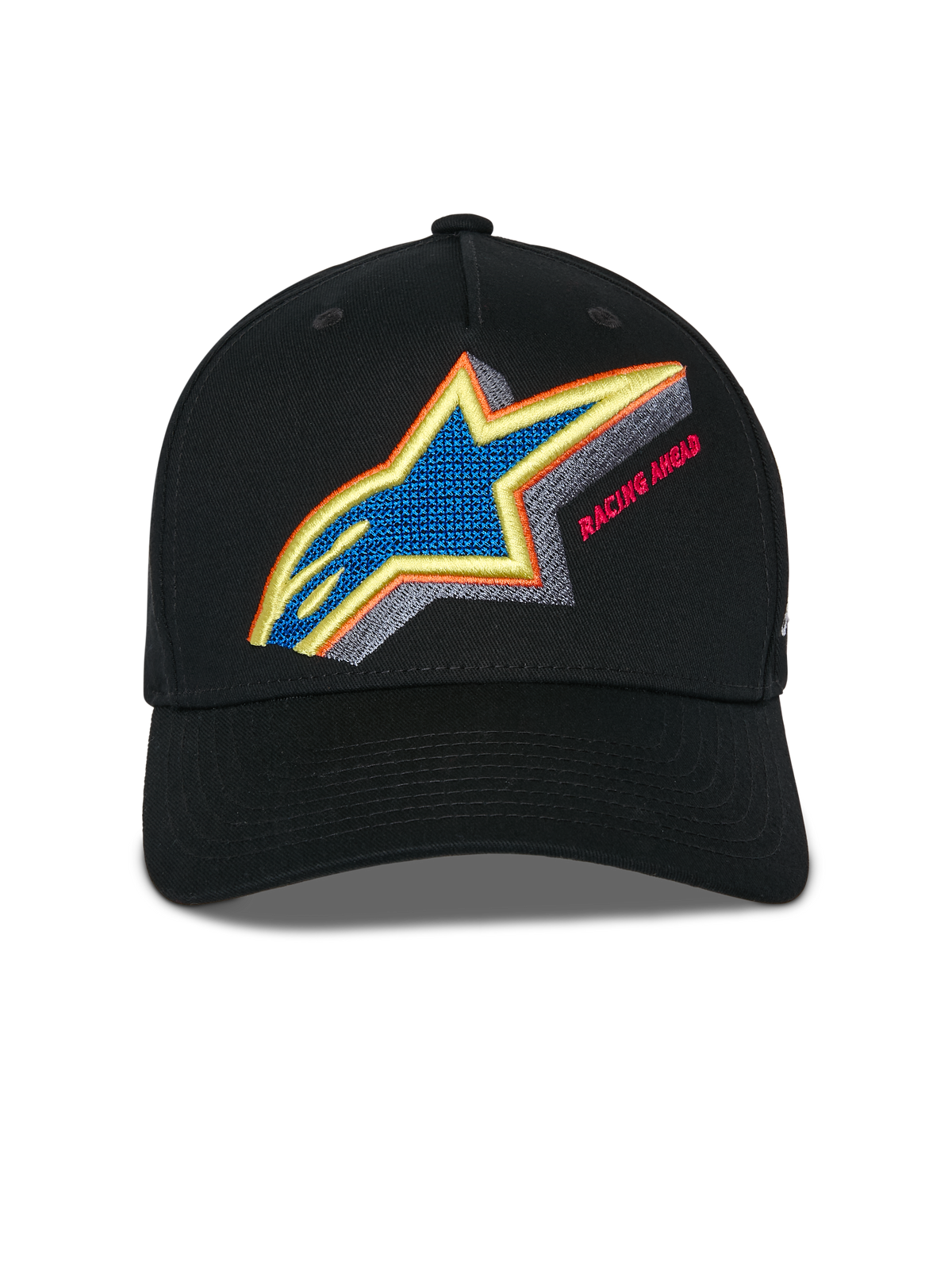Casquette Snapback Alpinestars Lucid, noire, vue de face montrant une broderie multicolore vibrante du logo Astars avec le texte Racing Ahead, visière incurvée et couronne structurée, accessoire sportswear décontracté