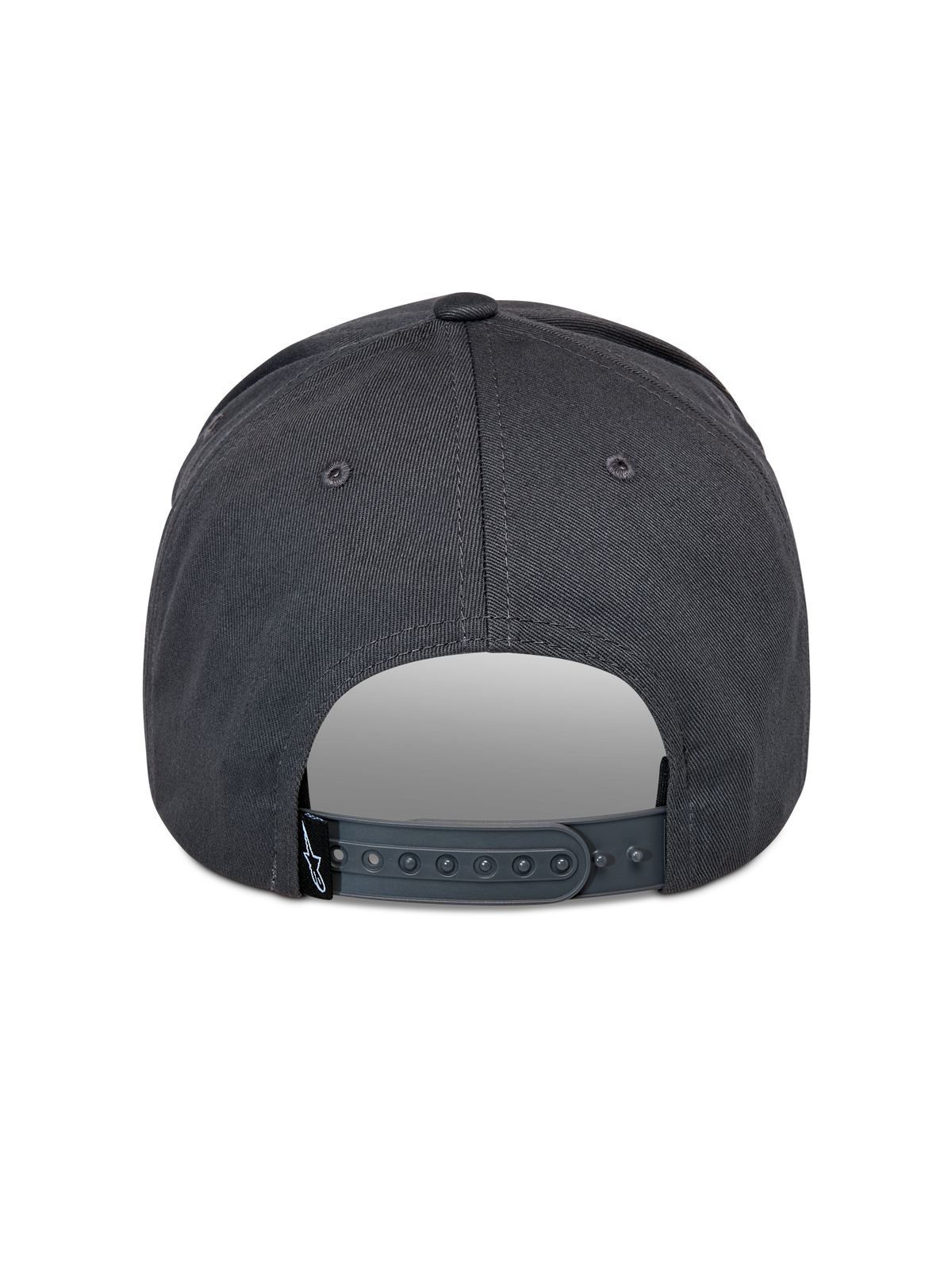 Casquette Snapback Lucid Alpinestars, gris anthracite, vue arrière montrant la fermeture snapback réglable en plastique et une petite étiquette noire avec logo, couronne structurée, couvre-chef décontracté inspiré du sport automobile