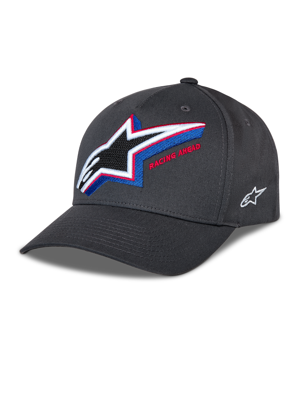 Casquette Snapback Alpinestars Lucid, casquette de baseball gris anthracite, visière incurvée avec couronne structurée, grand logo Astars brodé multicolore à l'avant avec texte 'Racing Ahead', petit logo blanc sur le côté, style motorsport décontracté