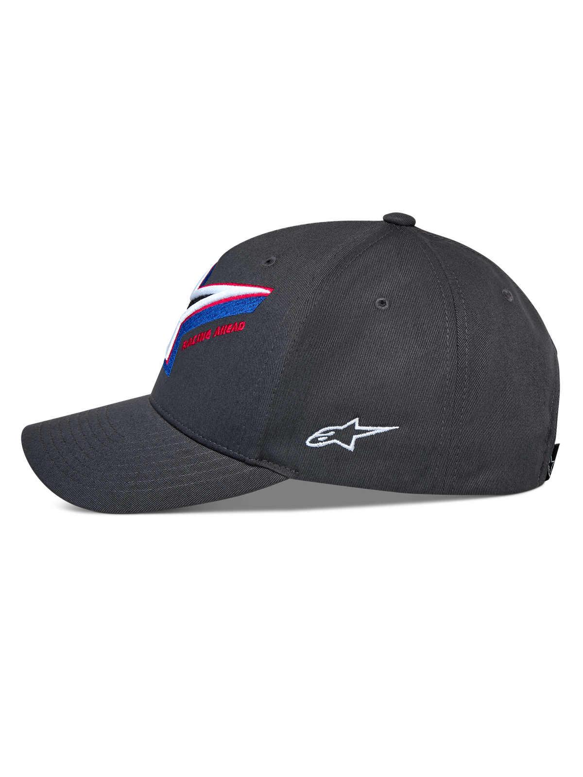 Casquette Snapback Alpinestars Lucid, vue de profil, gris anthracite, visière incurvée avec couronne structurée, broderie du logo multicolore éclatante sur le devant, logo Astars blanc sur le côté, accessoire motorsport décontracté