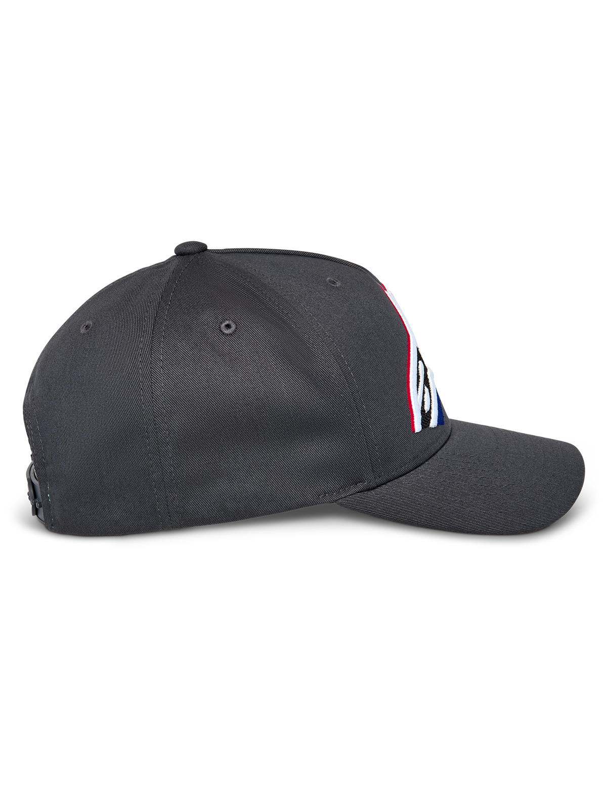Casquette Snapback Lucid Alpinestars, vue de profil, gris anthracite, visière incurvée et couronne structurée, logo avant brodé avec remplissage multicolore, casquette snapback décontractée inspirée du sport automobile