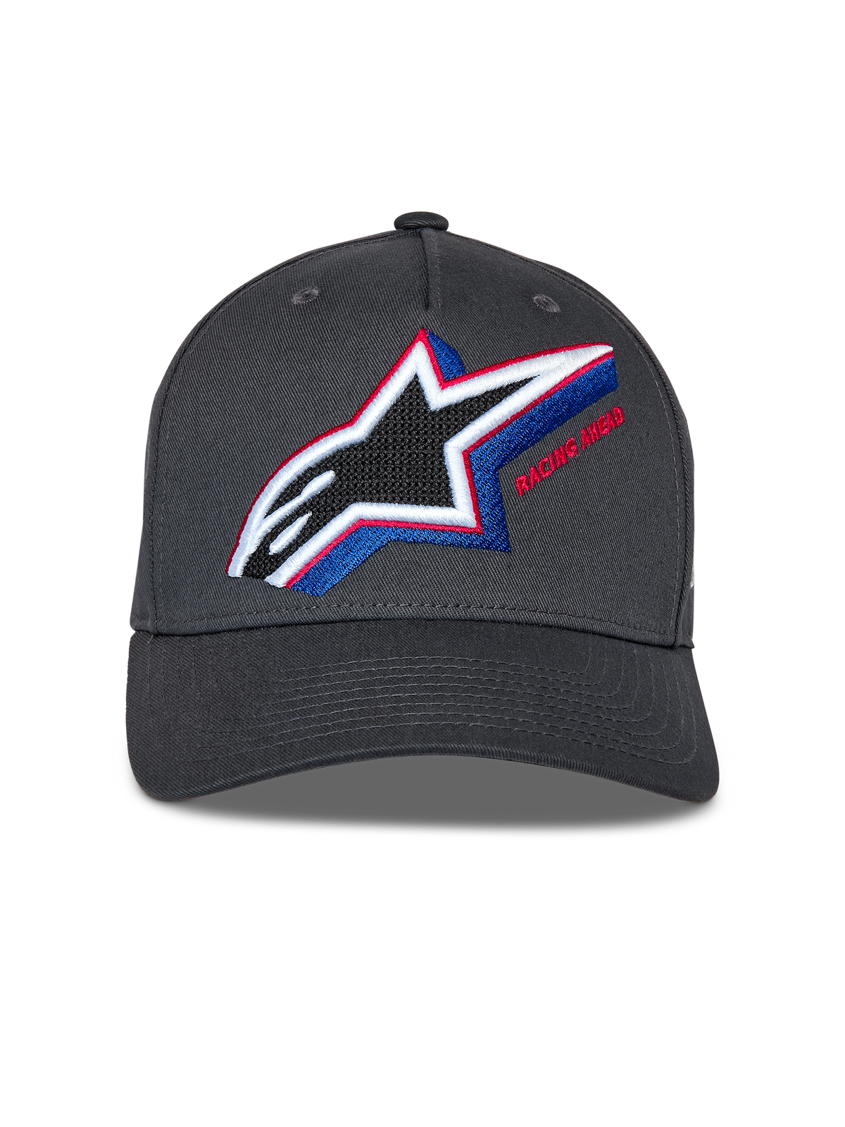 Casquette Snapback Alpinestars Lucid, gris anthracite, avec logo Astars brodé multicolore aux accents rouges et bleus, visière incurvée, couronne structurée, style streetwear motorsport décontracté