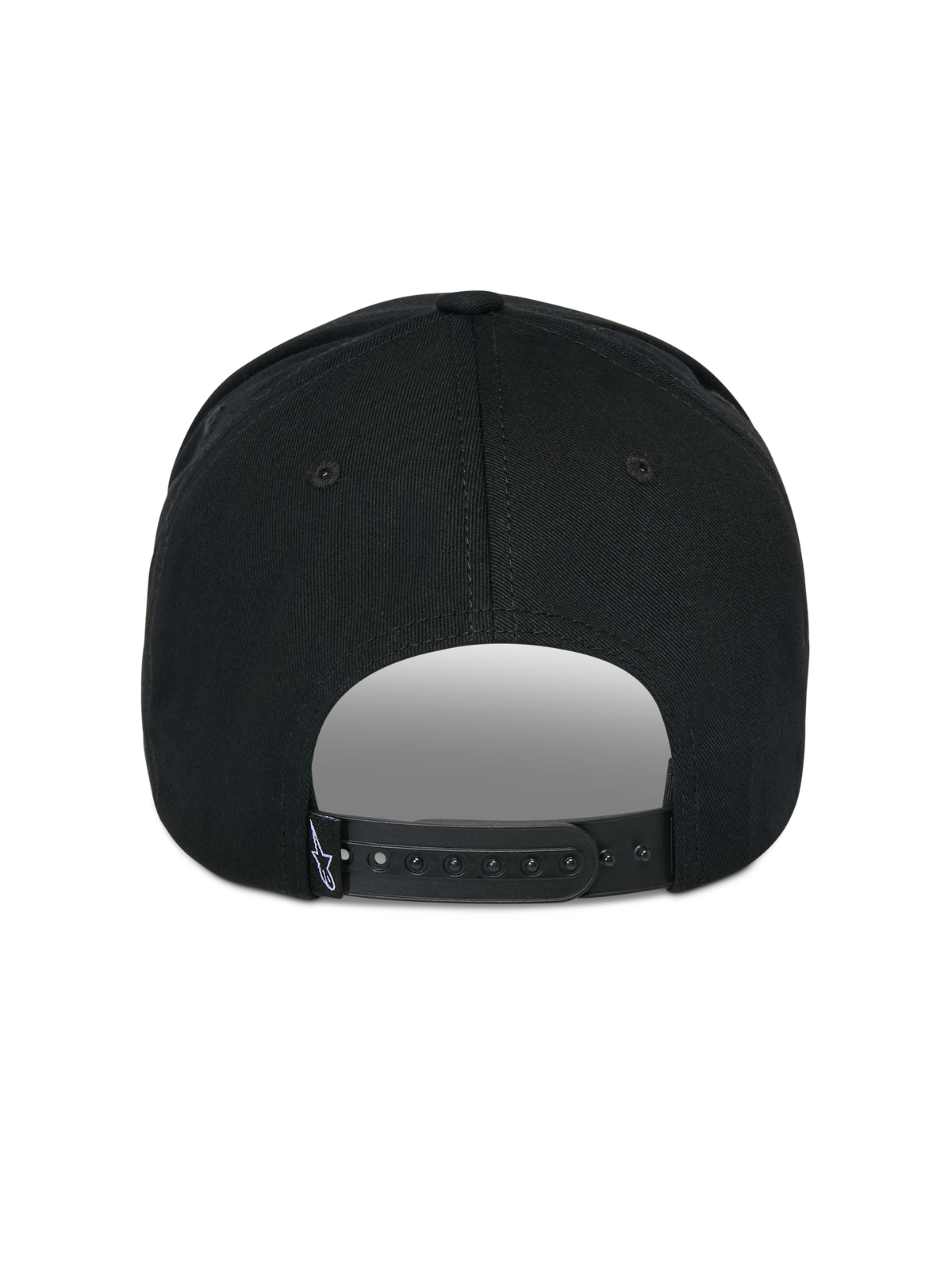 Alpinestars Matrix Snapback Kappe, Schwarz, Rückansicht, verstellbarer Snapback-Verschluss mit kleinem weißen Logo-Etikett, strukturierte Krone und gebogener Schirm, lässige, vom Motorsport inspirierte Streetwear