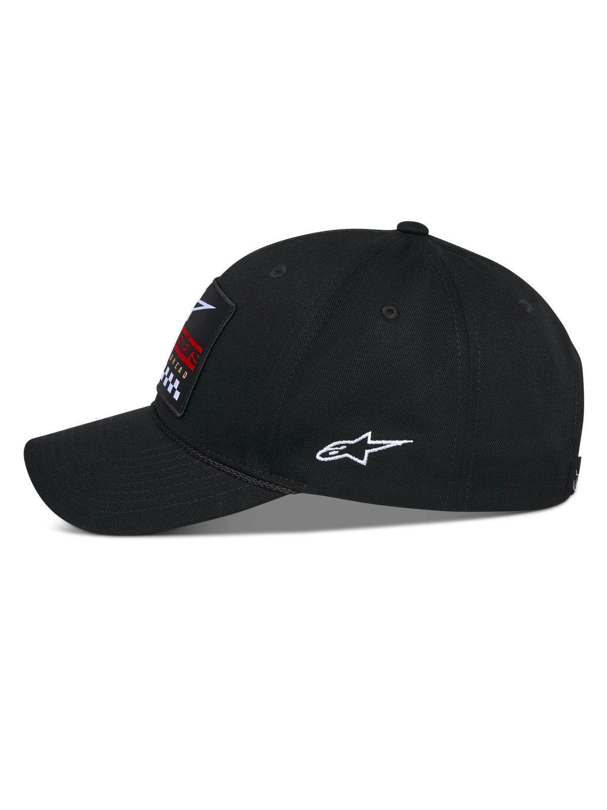 Alpinestars Matrix Snapback-Mütze, Schwarz, Seitenansicht einer lässigen Baseballkappe mit gebogenem Schirm und strukturierter Krone, mehrfarbiger Stickerei-Patch auf der Vorderseite und weißes Astars-Logo an der Seite, Baumwoll-Twill-Konstruktion.