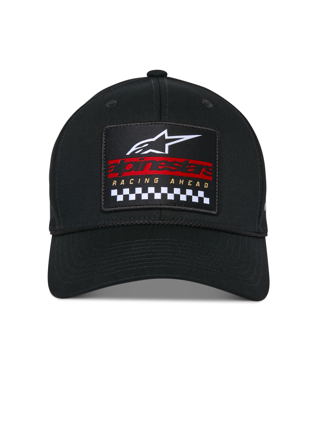 Alpinestars Matrix Snapback Mütze, Schwarz, Strukturierte Krone und gebogener Schirm, Vorderansicht mit mehrfarbigem besticktem Aufnäher mit weißem Astars-Logo, rotem Branding und schwarz-weißem Karomuster, Lässige Motorsport-Kopfbedeckung
