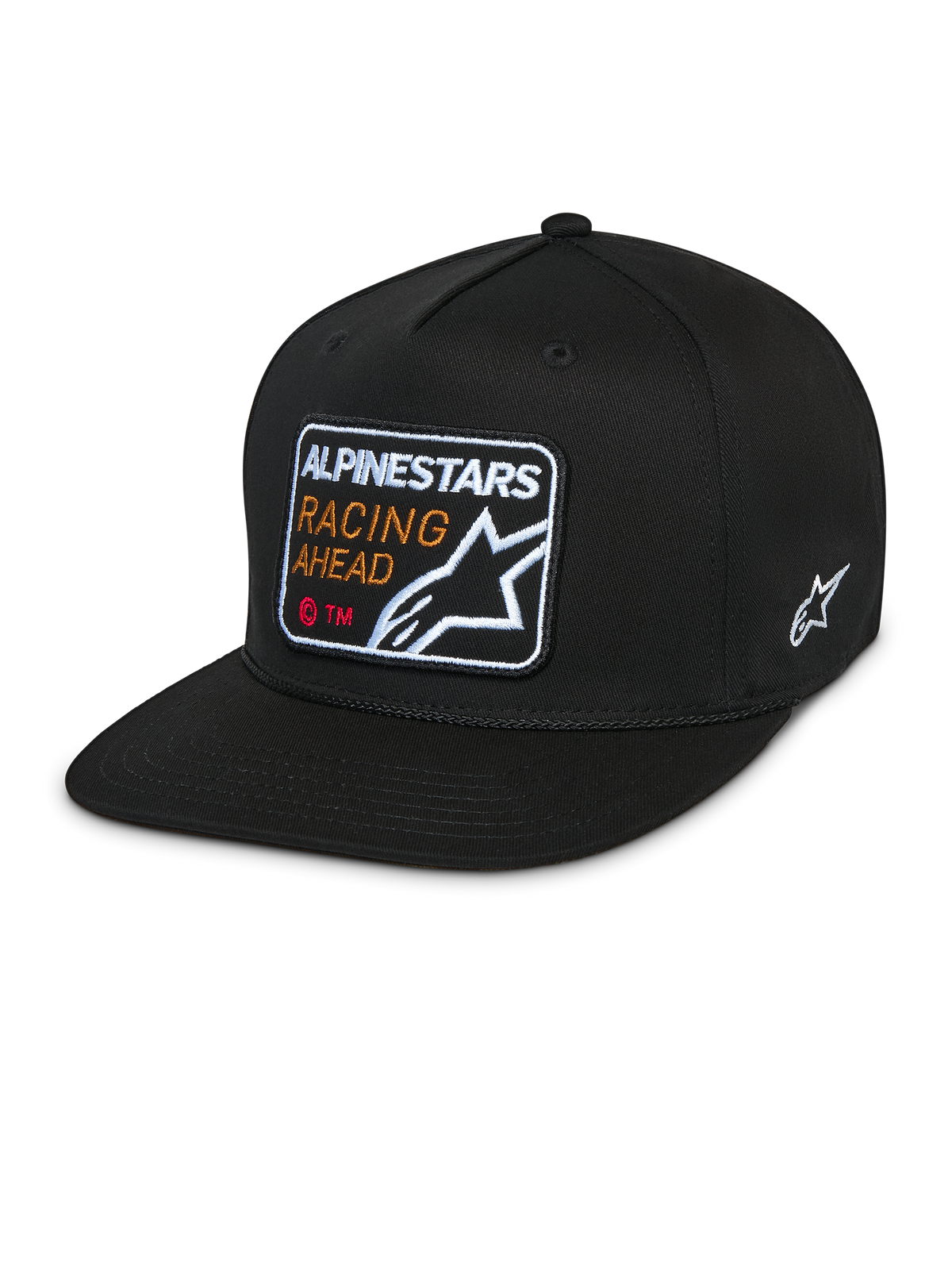 Alpinestars Intuitive Snapback pet, zwart, platte klep met gestructureerde kroon, geborduurde patch op de voorkant met 'Alpinestars Racing Ahead' en logo, wit Astars-logo op de zijkant, casual pet van keperstof