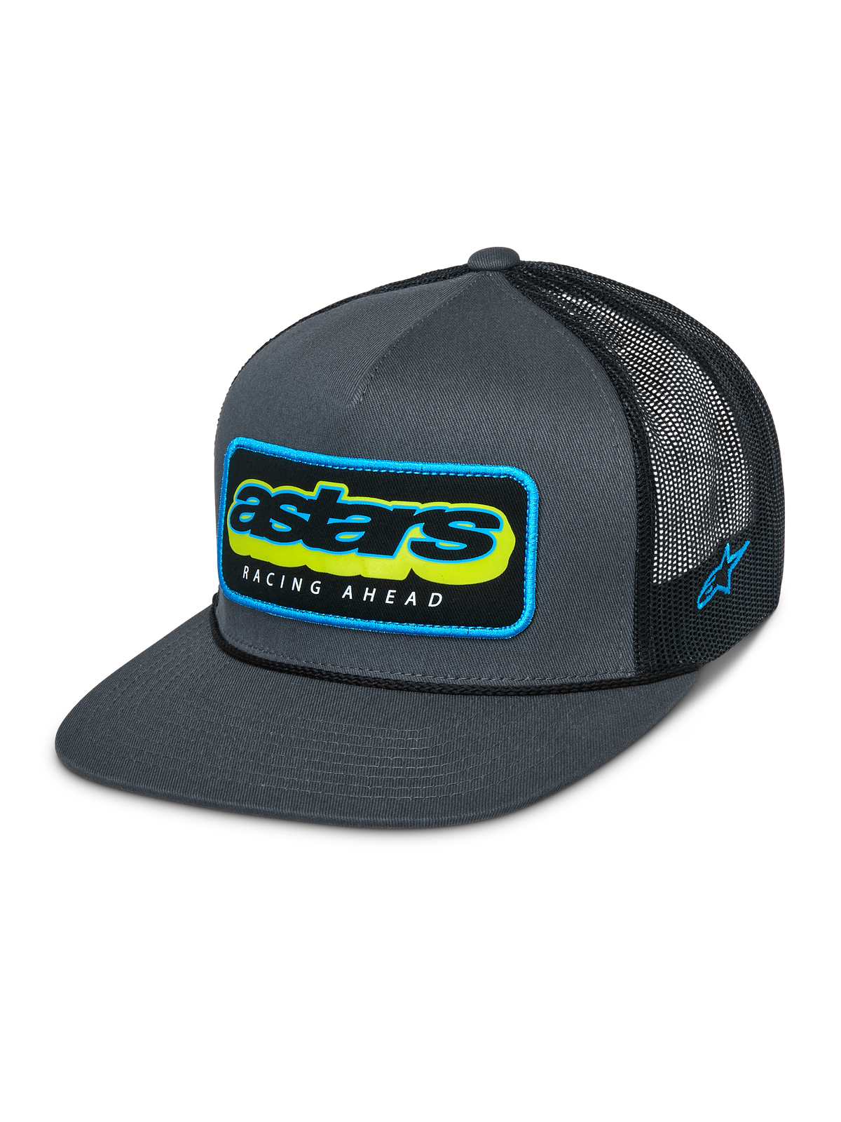 Casquette Trucker Phosphor Alpinestars, noir anthracite, devant en sergé gris avec arrière en maille noire, logo Astars multicolore vibrant avec texte Racing Ahead, visière plate, broderie du logo sur le côté, accessoire décontracté inspiré du sport automobile