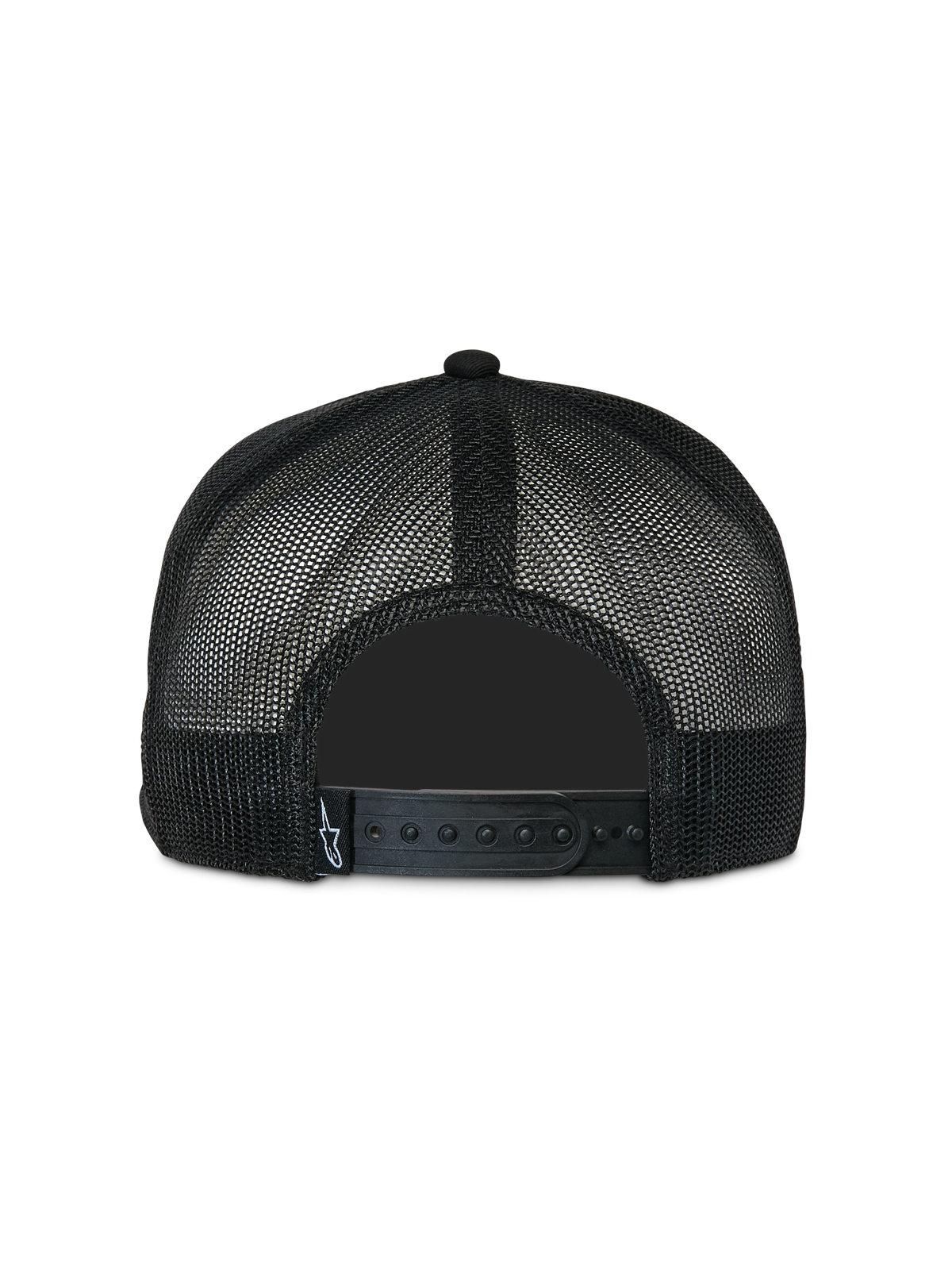 Casquette Trucker Contender Alpinestars, noire, vue arrière avec maille en polyester et fermeture snapback réglable, petite étiquette blanche avec logo Astars, couvre-chef décontracté inspiré du sport automobile