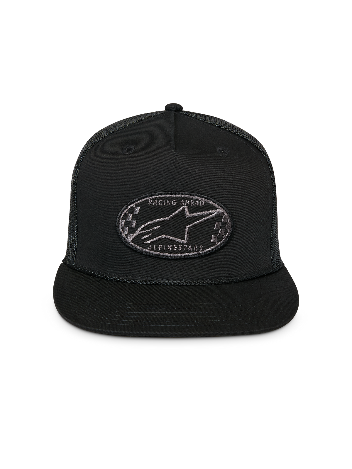 Casquette Trucker Contender Alpinestars, noire, casquette snapback structurée avec visière plate, écusson brodé à carreaux du logo Astars à l'avant, arrière en maille, accessoire sportswear décontracté