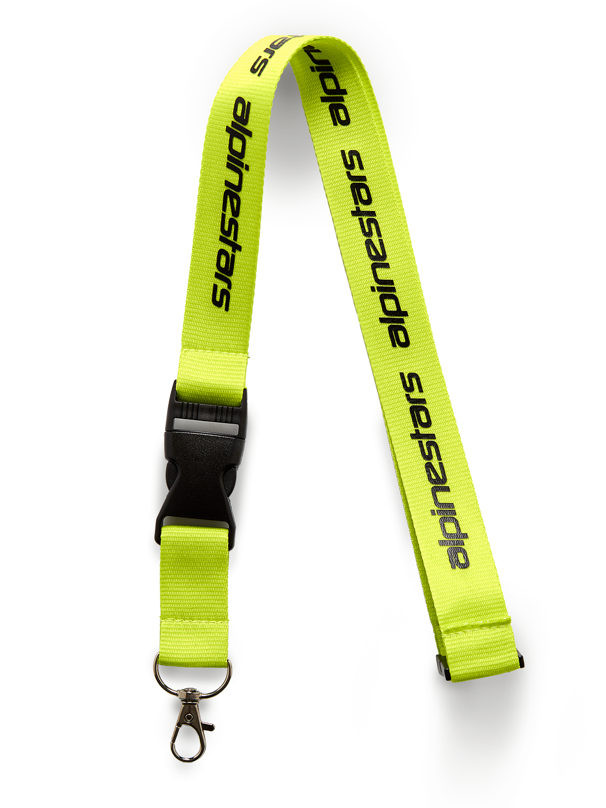 Alpinestars Linear keycord, Hi Vis geel met zwart geprint logo, voorzien van een zwarte kunststof veiligheidssluiting en metalen draaiclip, 51 cm polyester band, motorsport-geïnspireerd accessoire