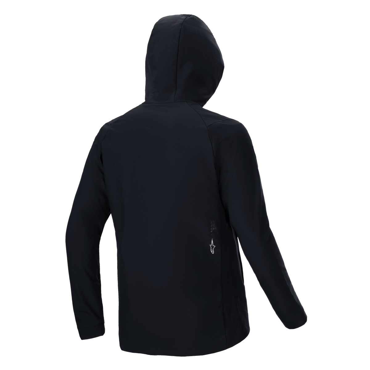 Veste thermique Alpinestars A-Dura, noire, vue de dos, dotée d'une capuche et de manches longues avec un petit logo Alpinestars blanc en bas du dos, conception isolée légère pour la performance en VTT