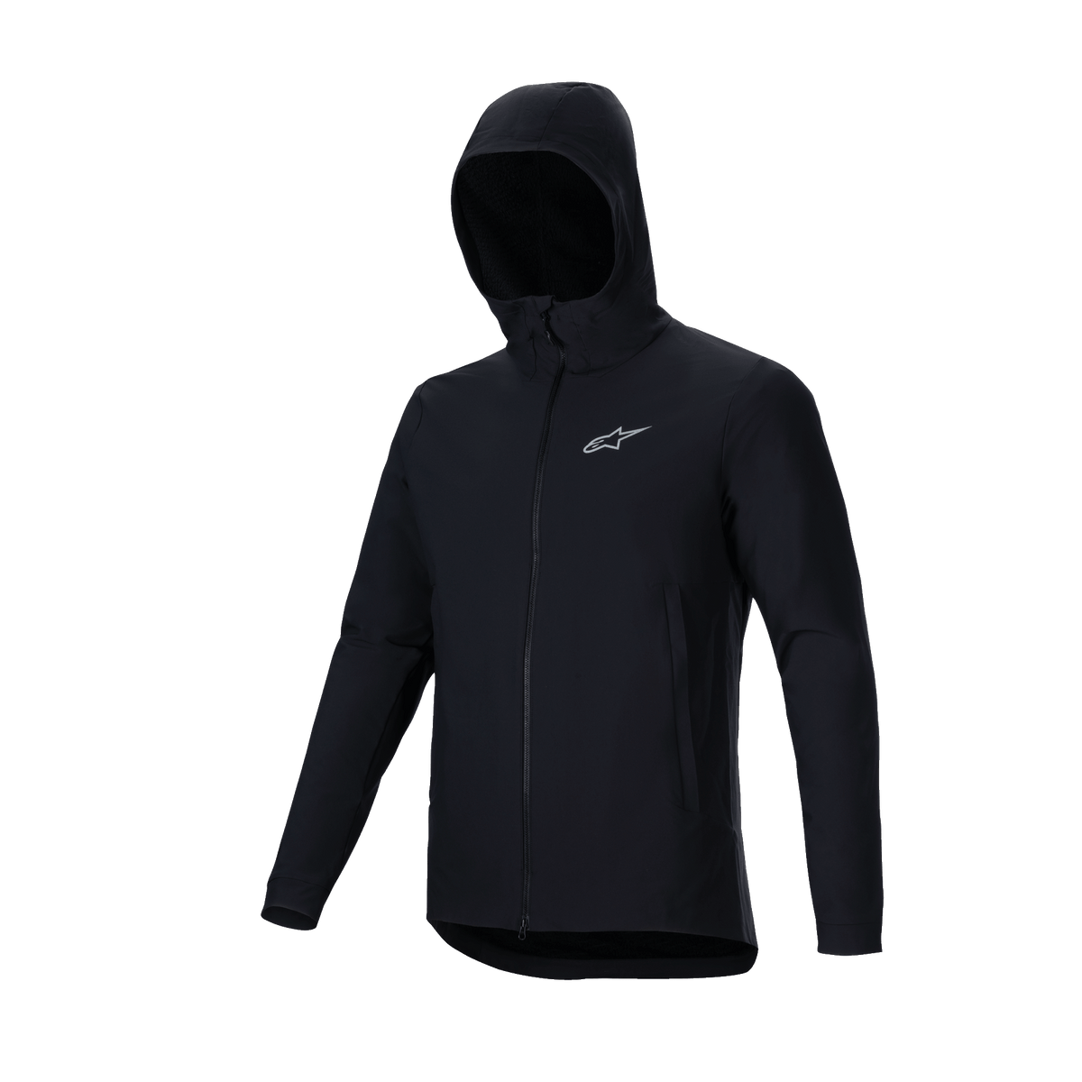 Veste thermique Alpinestars A-Dura, noire, veste de VTT légère et isolée, dotée d'un design à capuche, d'une fermeture éclair frontale intégrale et d'un logo Astars argenté réfléchissant sur la poitrine, vêtement technique pour le cyclisme par temps froid