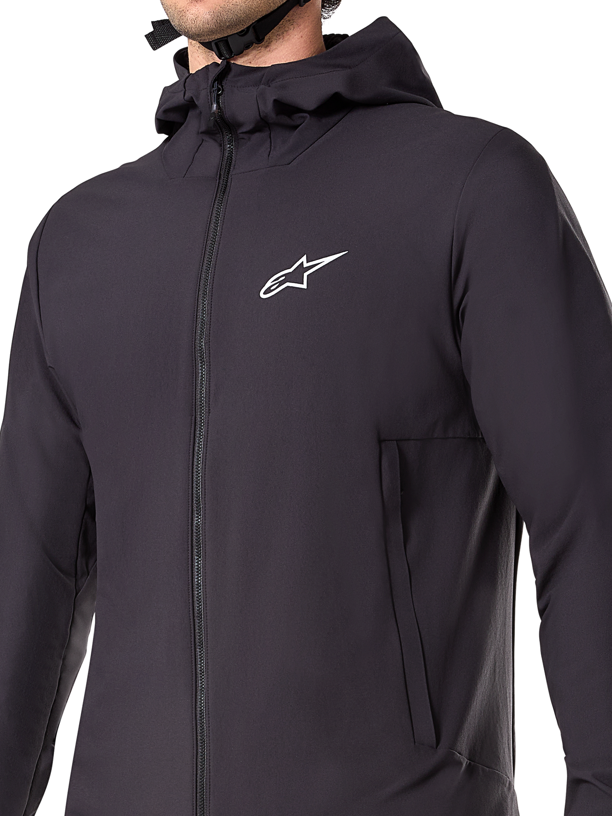 Veste thermique Alpinestars A-Dura, veste de VTT noire, gros plan sur le tissu technique isolant, conception légère et respirante pour le cyclisme tout-terrain par temps froid