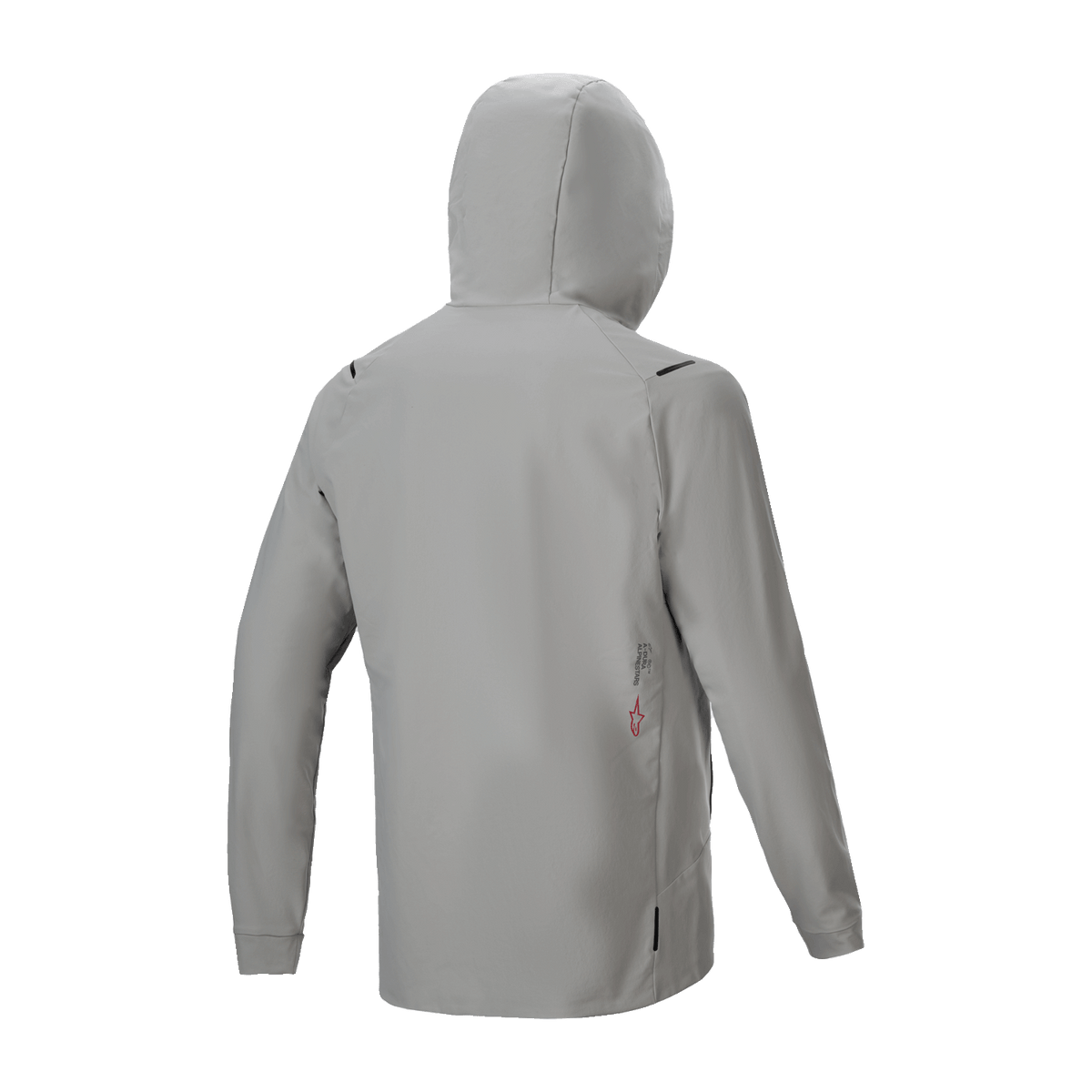 Veste thermique Alpinestars A-Dura, veste de cyclisme isolée, gris titane, vue arrière avec capuche relevée, design minimaliste avec petit logo en bas du dos, performance thermique légère pour le VTT