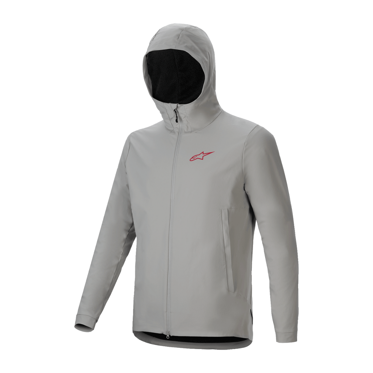 Veste thermique Alpinestars A-Dura, veste de cyclisme gris titane clair avec capuche isolée, logo rouge sur la poitrine et fermeture éclair intégrale, équipement technique de VTT pour une protection par temps froid