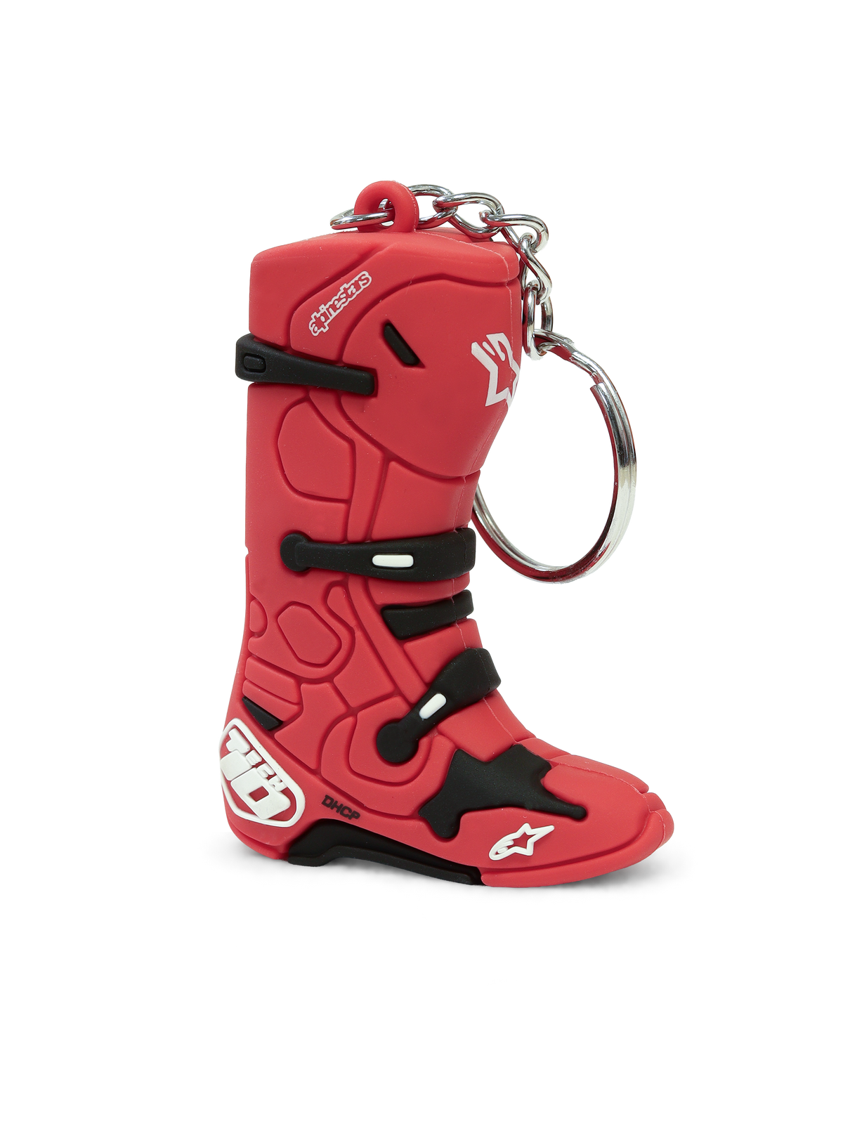 Alpinestars Tech 10 Boot Keyfob, motorcycle lifestyle keychain, 3D replica of the iconic motocross boot, red with black and white details, durable synthetic construction with metal ring