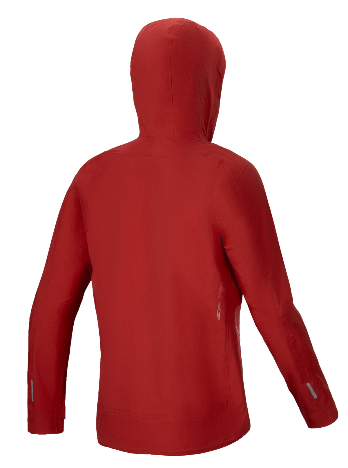 Alpinestars Veste Imperméable Stella A-Dura Elite, veste de pluie VTT pour femme, rouge fluo, vue de dos avec capuche compatible casque et construction en membrane 3L stretch ripstop