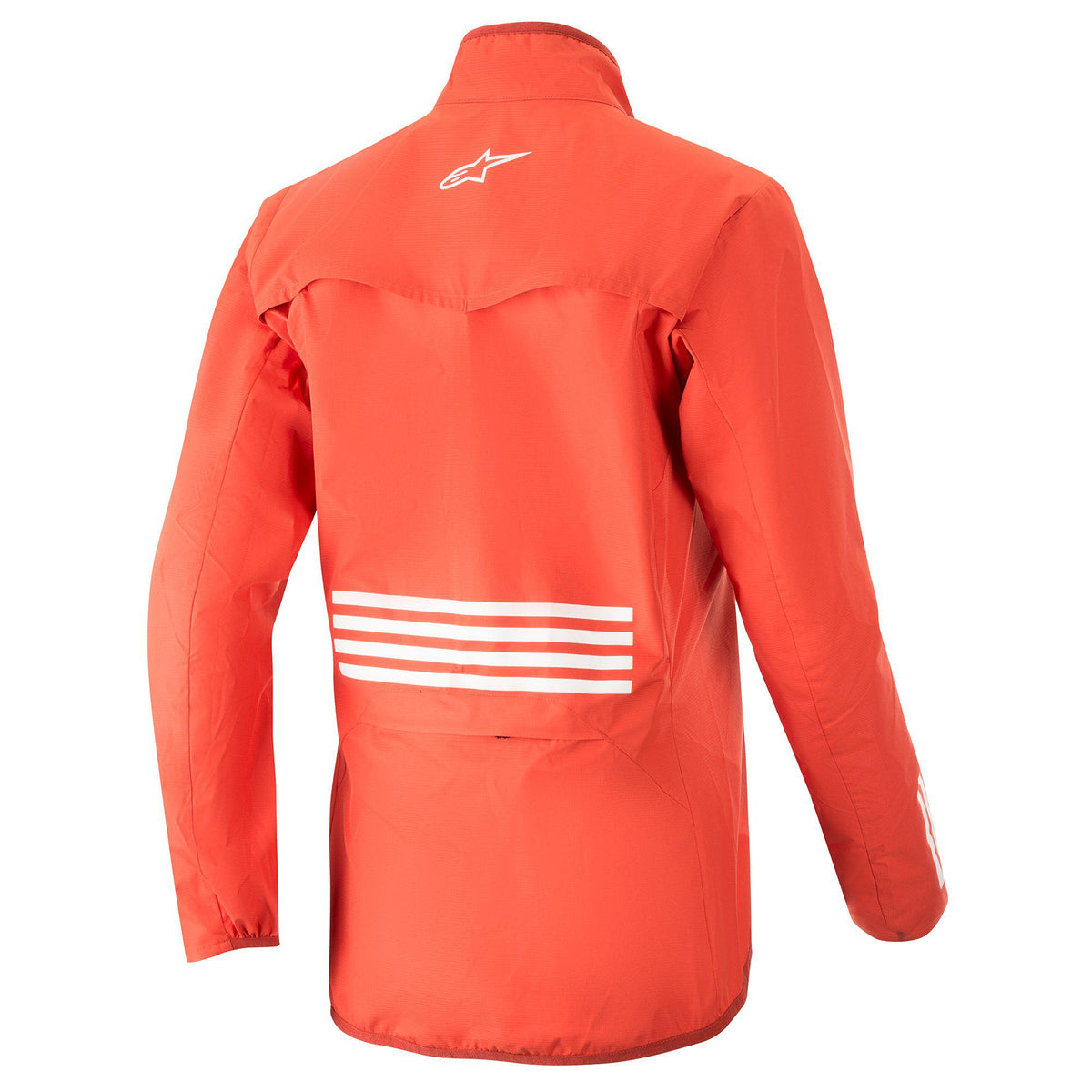 Alpinestars Women Stella Descender Jacket, Mountain Bike Jacket, Red with White accents, back view featuring white horizontal stripes on the lower back and white star logo on the upper back, lightweight ripstop material for cycling