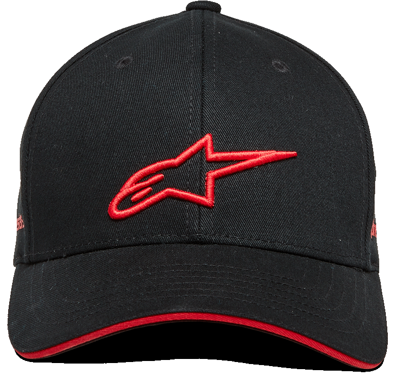 Casquette Alpinestars Rostrum, casquette snapback à visière courbée, noir et rouge, logo A-star rouge brodé en 3D sur le devant, bord de visière sandwich rouge, couronne structurée, tissu en sergé, accessoire décontracté pour sport automobile